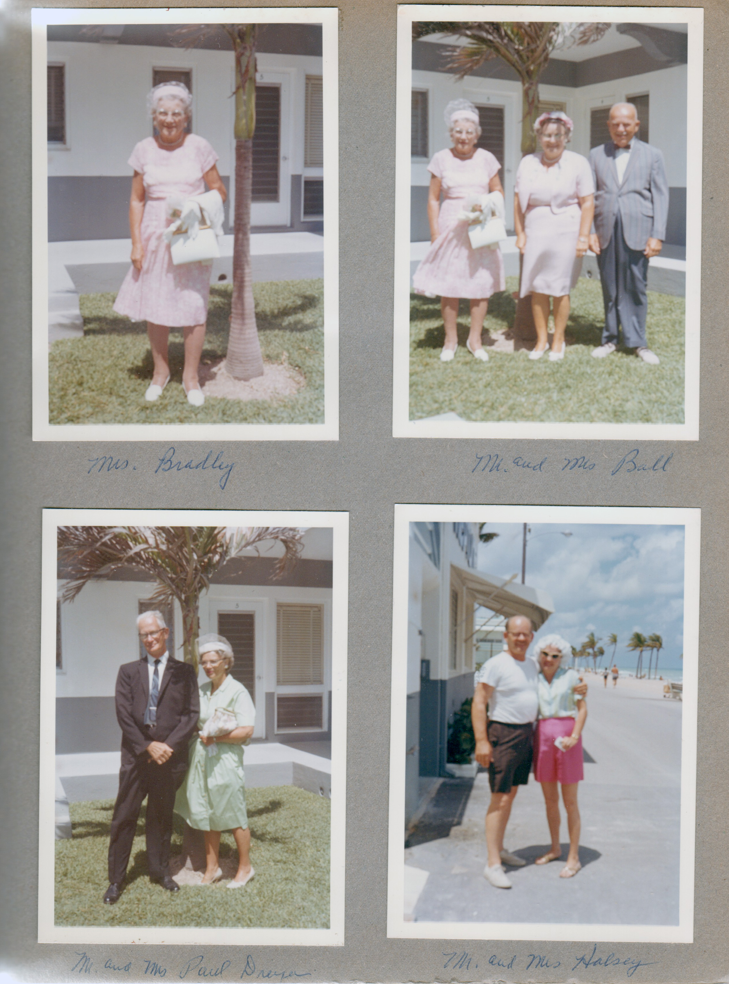 Hollywood Beach - Neptune - in courtyard - Mrs Irene Bradley. Irene, Janet and Herb Ball. Paul and Gwen Dreyer. Mr and Mrs Halsey on broadwalk. 