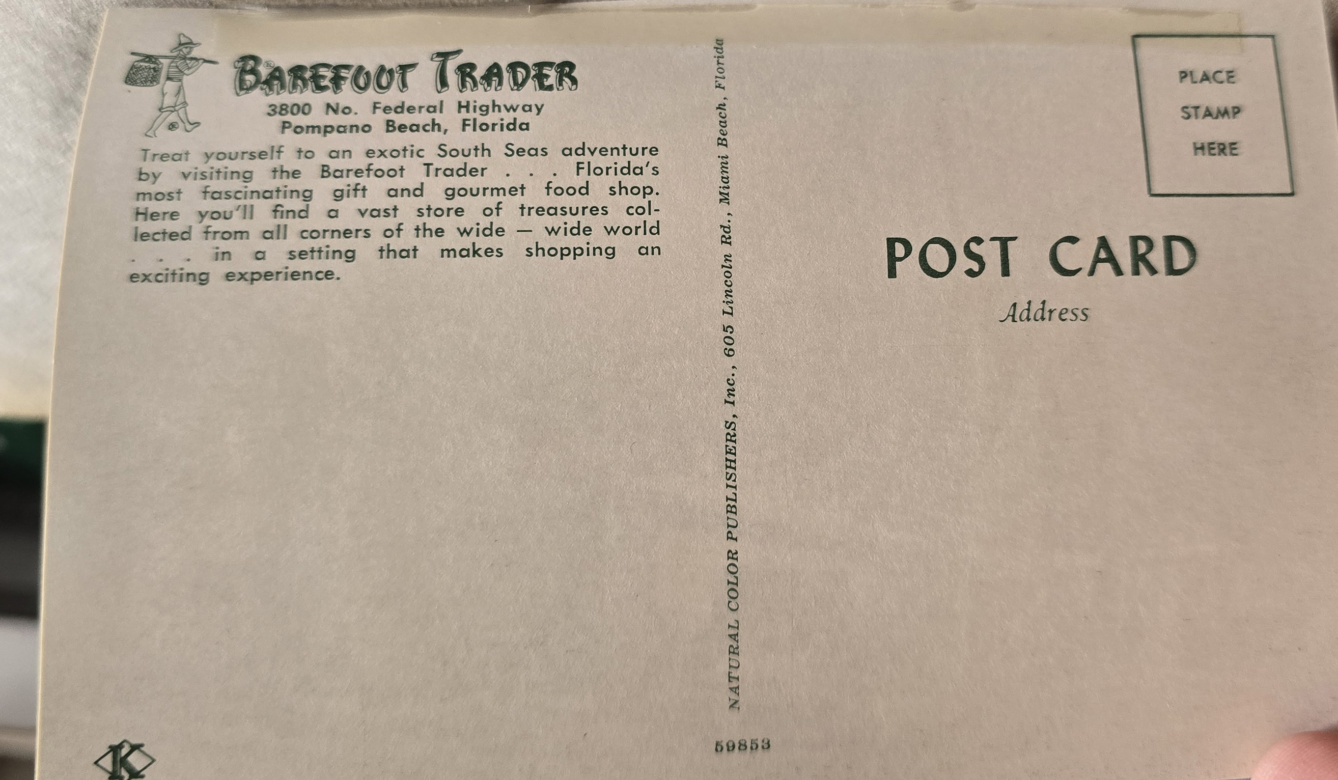 Postcard  back 59853 - Barefoot Trader, Pompano Beach