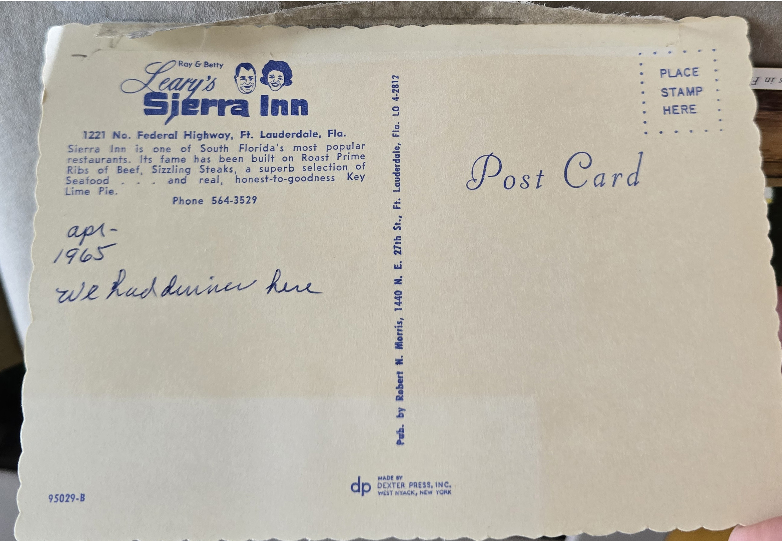 Postcard back 95029-B - Ray & Betty Leary's Sierra Inn, Ft Lauderdale.