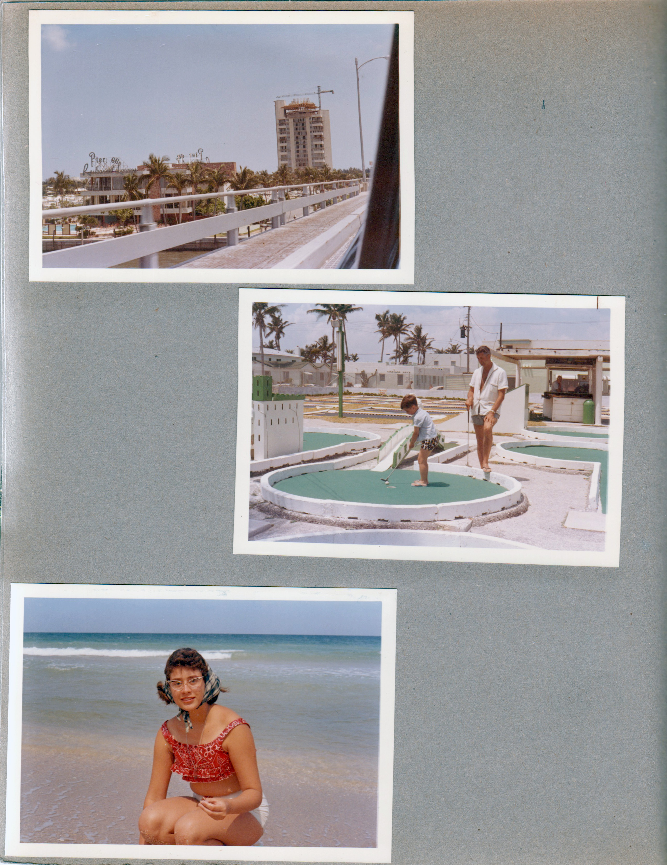 Ft Lauderdale - driving across bridge - looks like crane building Pier 66 revolving restaurant Hollywood Beach - Johnson Street miniature golf - Alan and John. Susan on beach gathering shells.