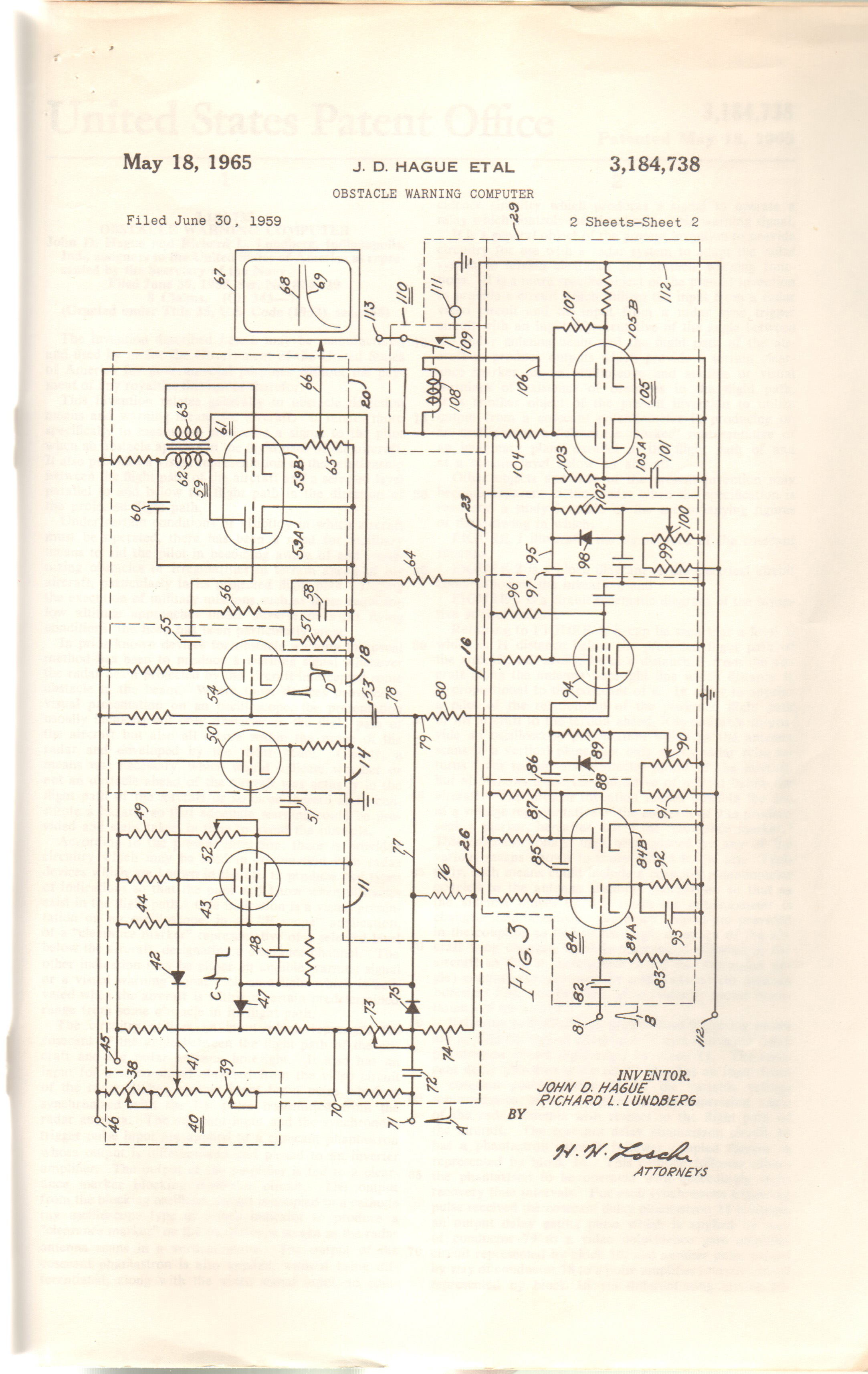 John D Hague US Patent 3,184,738 Obstacle Warning Computer - schematic