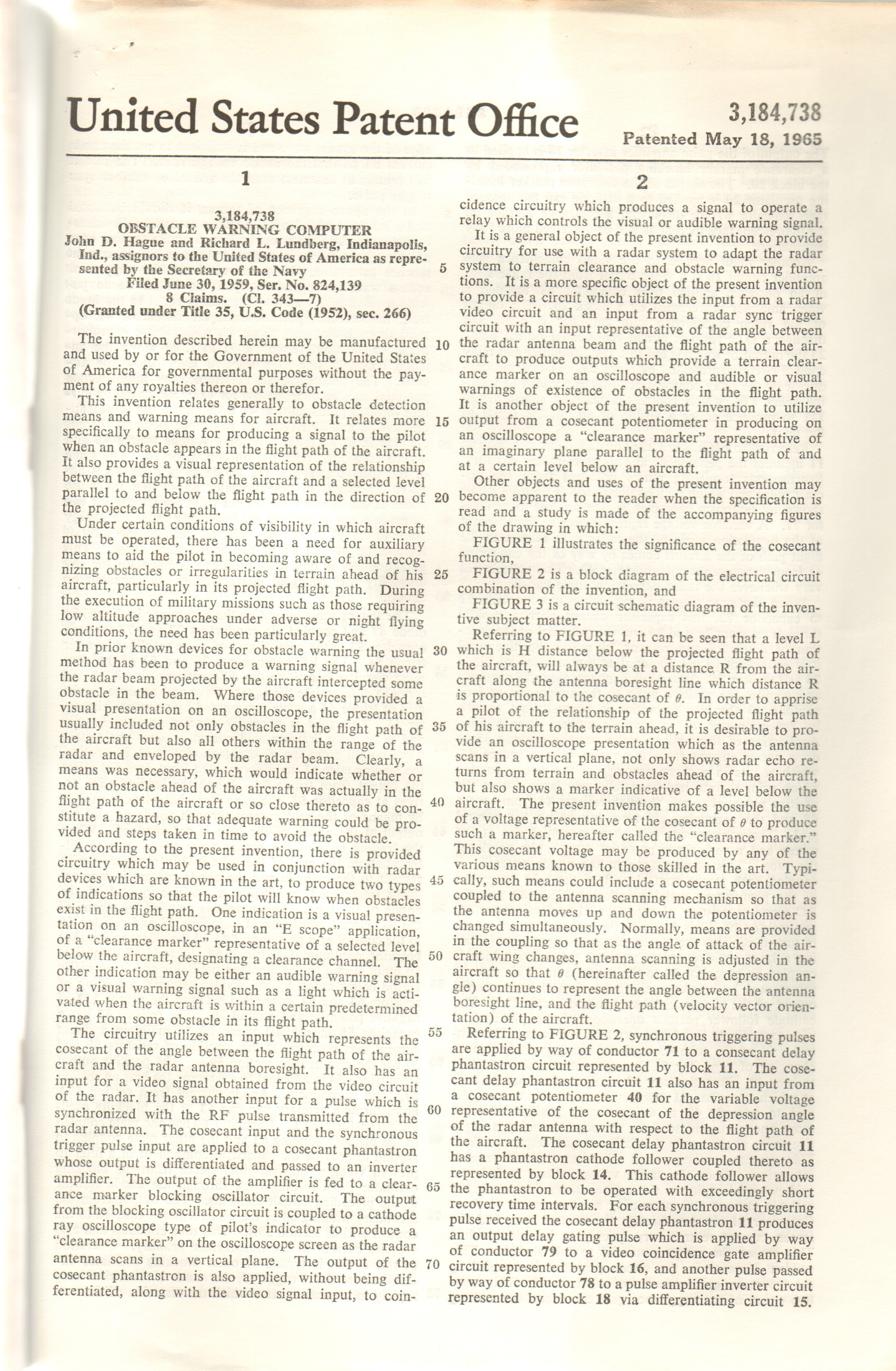 John D Hague US Patent 3,184,738 Obstacle Warning Computer