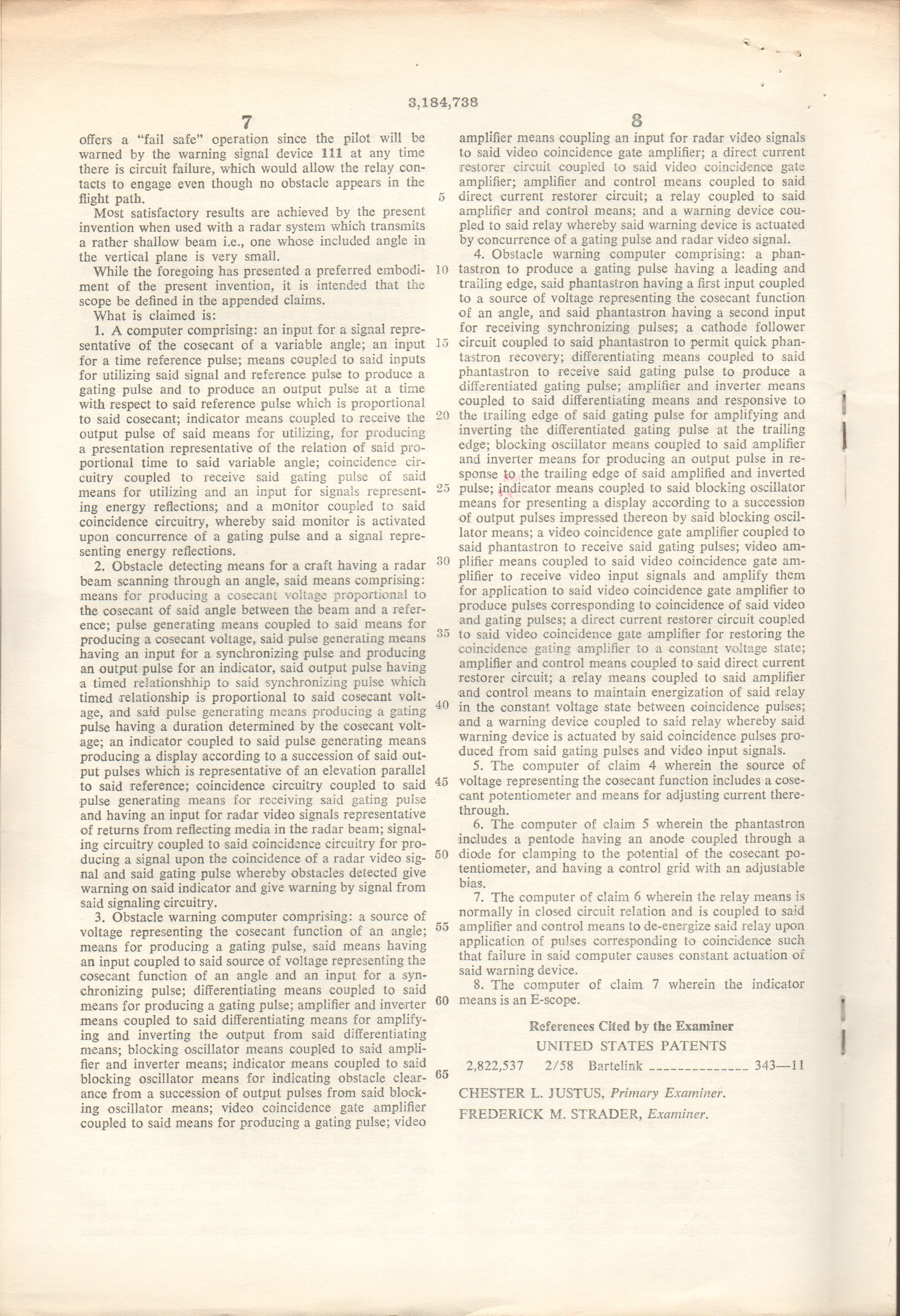John D Hague US Patent 3,184,738 Obstacle Warning Computer