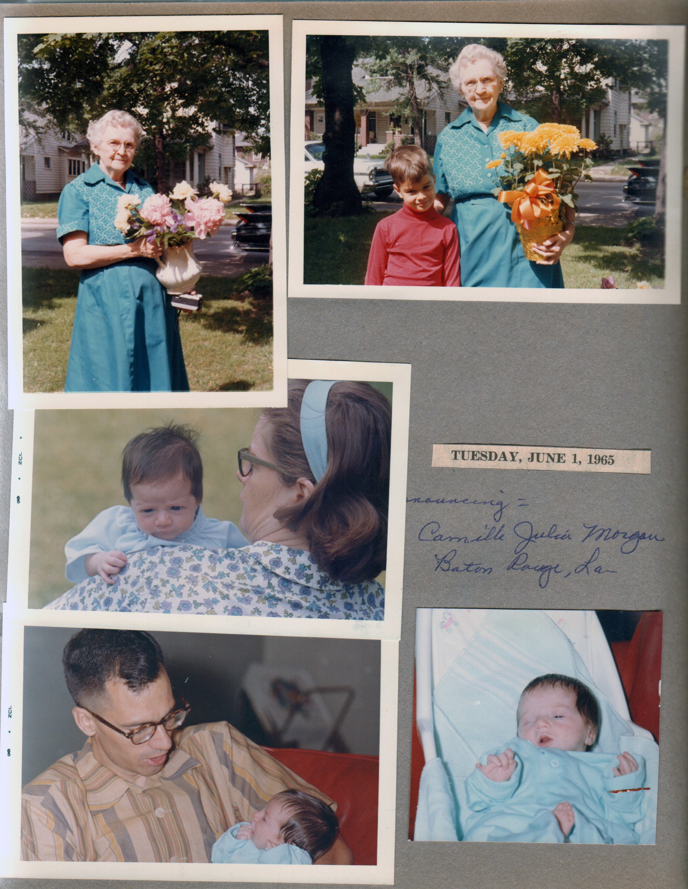 3845 Capitol front yard Vonnie with flowers - Alan. From Baton Rouge - Helen and Bill with baby Camille Julia Morgan