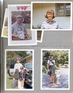 From Baton Rouge - Helen with baby Camille Julia Morgan. 6122 yard - Susan and Alan in World's Fair caps with suitcases by Cadillac. Susan in Girl Scout uniform with luggage.