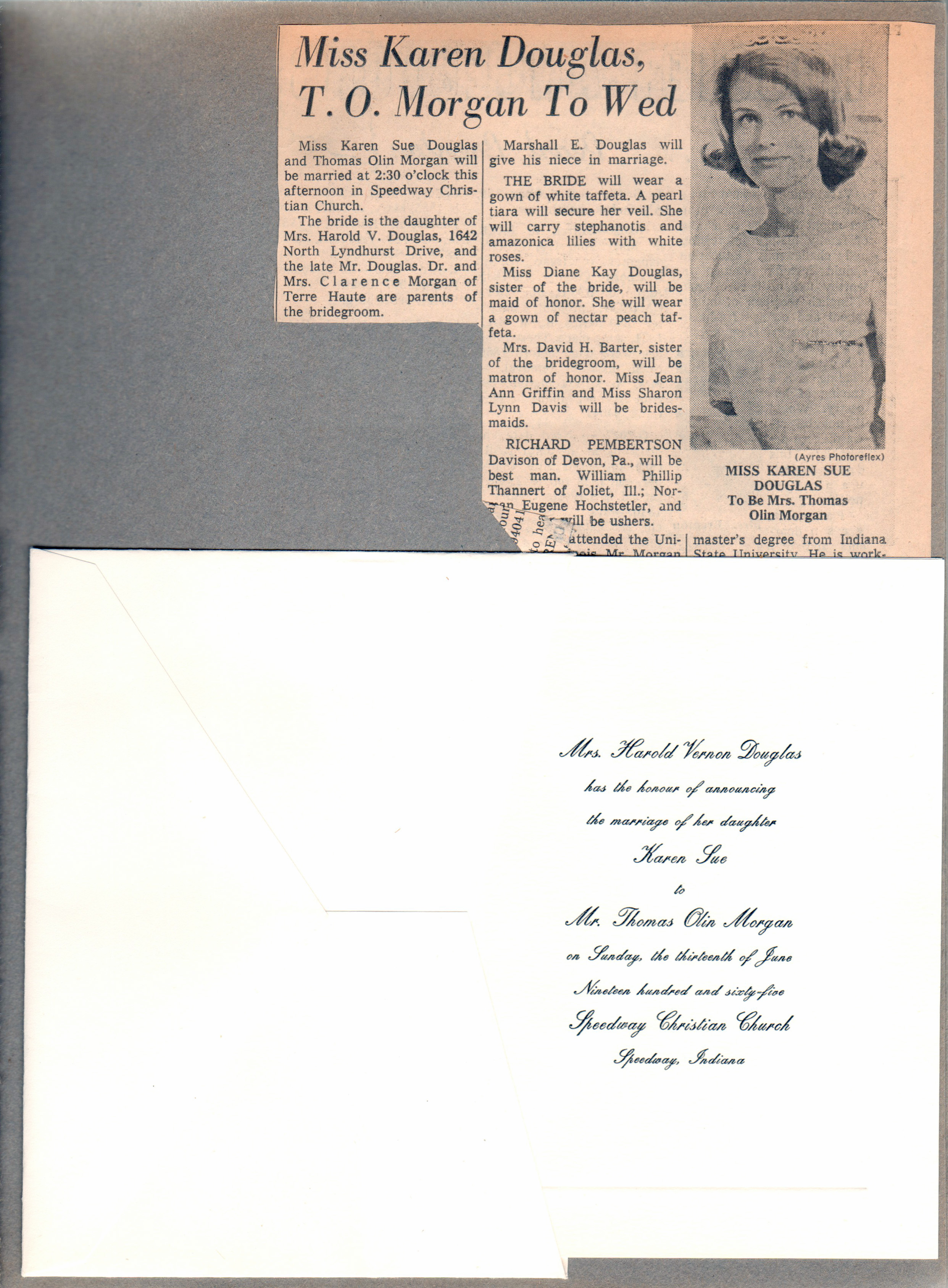 newspaper clipping - Miss Karen Douglas to wed. Wedding invitation