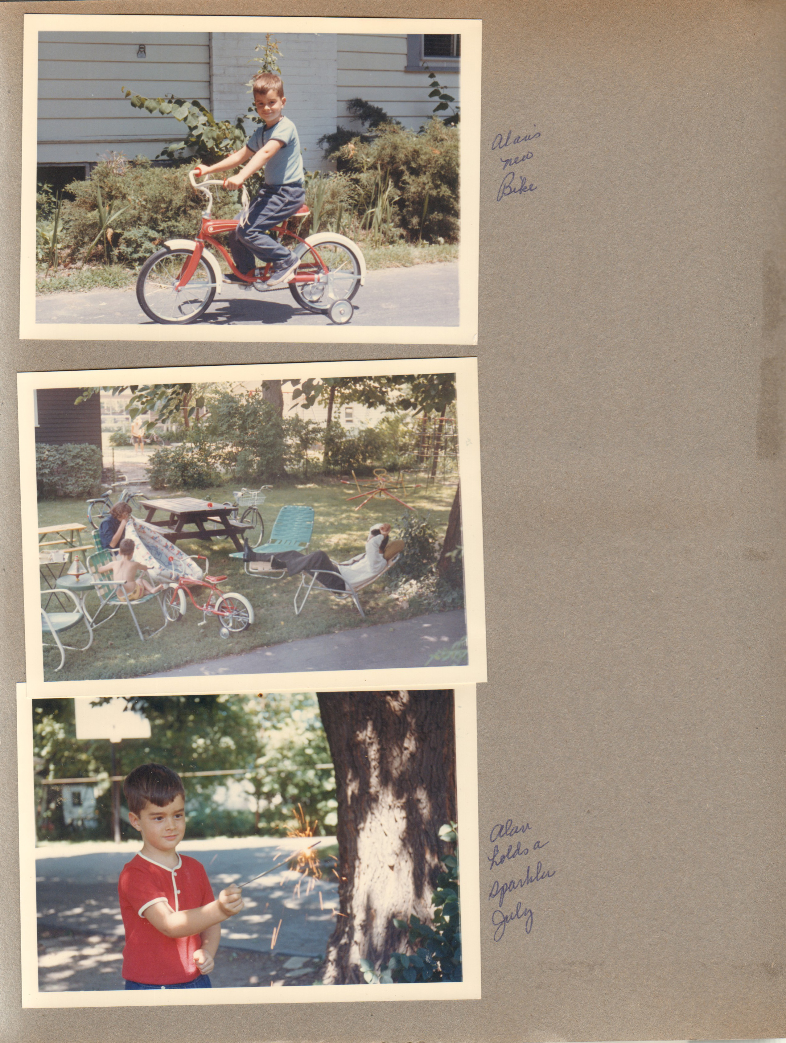 6122 yard - Alan new bike. Susan blowing up pool. John in lounge chair in shirt and tie! Alan with sparkler.