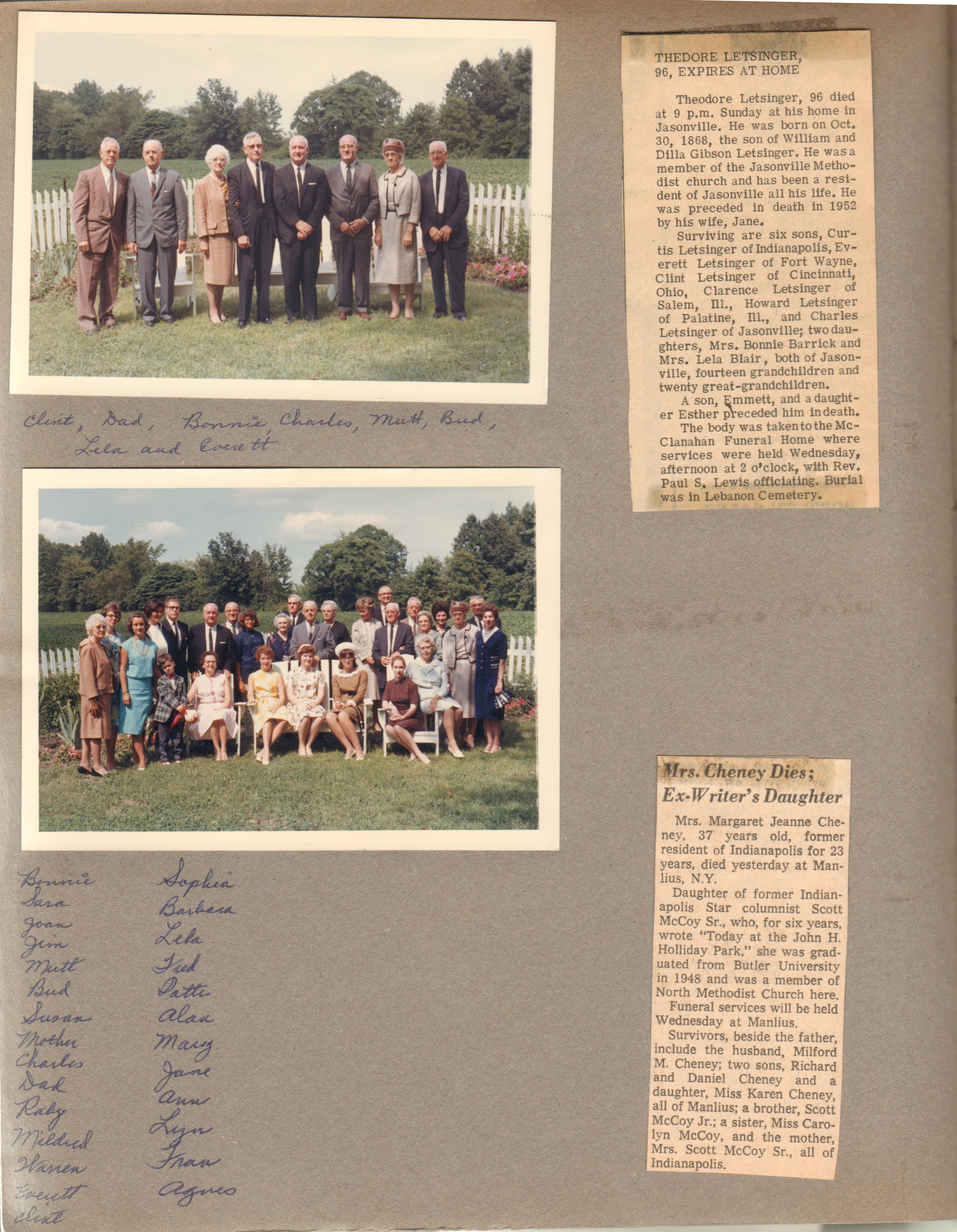 Jasonville - Theodore Letsinger dies - obit Theo and Mrs Cheney - Letsingers (Theodore's kids) - Clint, Curt, Bonnie, Charles, Mutt (Clarence), Bud (John Howard), Lela and Everett. Large group - Bonnie, Sara, Joan, Jim, Mutt, Bud, Susan, Vonnie, Charles, Curt, Ruby, Mildred, Warren, Everett, Clint, Sophia, Barbara, Lela, Fred, Patti, Alan, Mary, Jane, Ann, Lyn, Fran, Agnes.