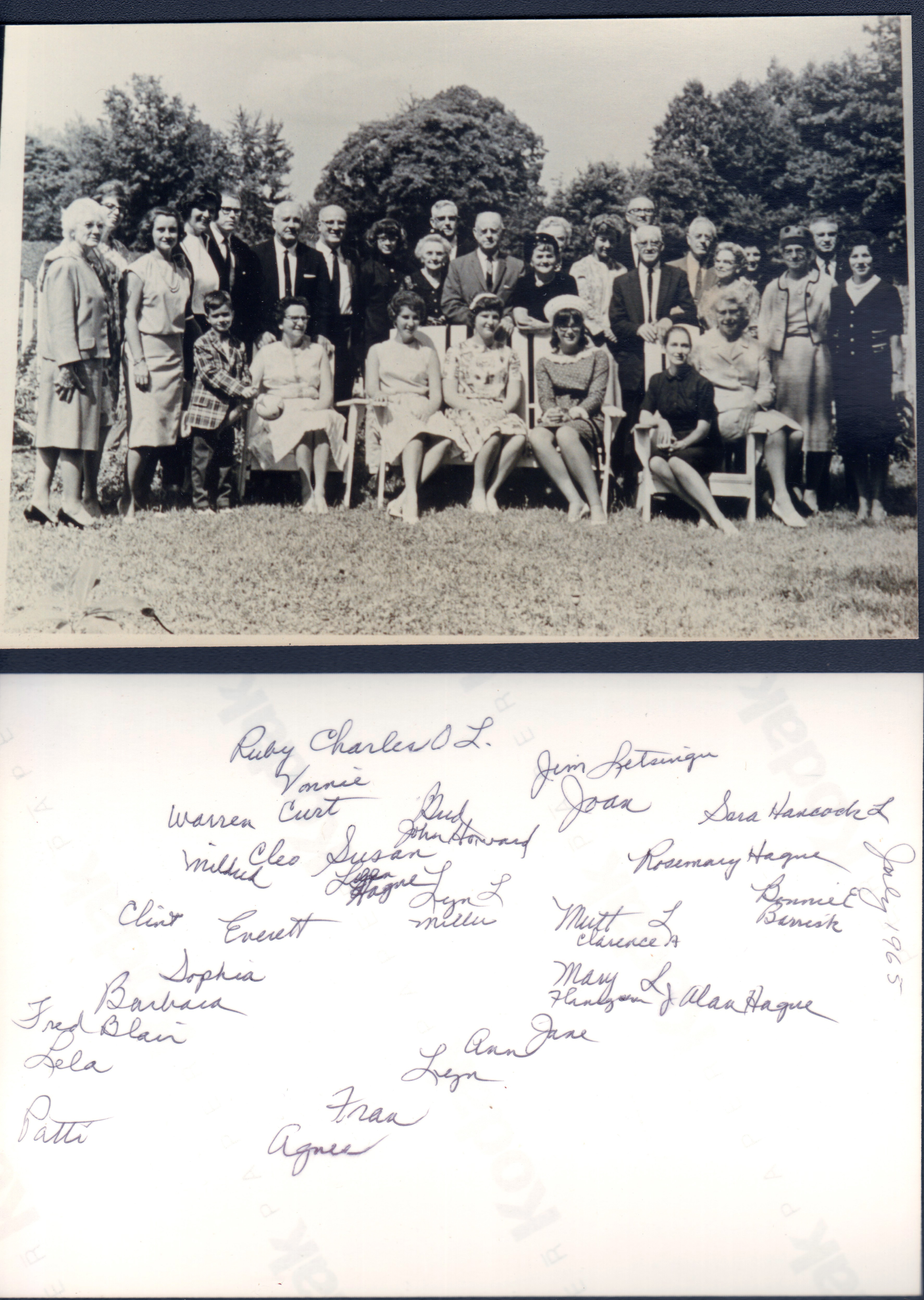 Jasonville July 1965 - Theodore Letsinger funeral - Bonnie Barrick, Sara, Joan, Jim, Mutt (Clarence), Bud (John Howard), Susan, Vonnie, Charles, Curt, Ruby, Mildred, Cleo, Warren, Everett, Clint, Sophia, Barbara, Lela, Fred Blair, Patti, Alan, Mary Flanagan, Jane, Ann, Lyn Letsinger Miller, Fran, Agnes