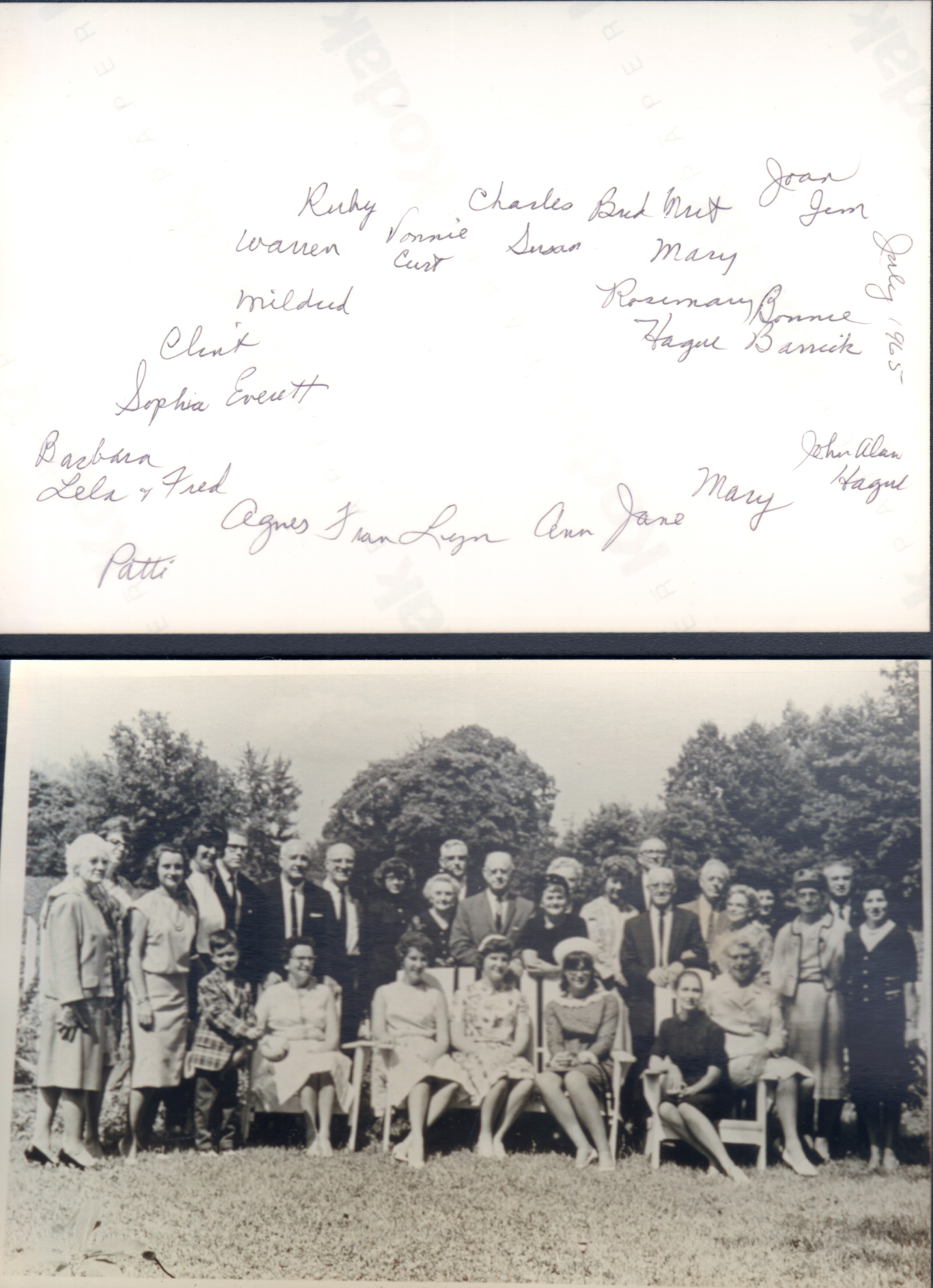 Jasonville July 1965 - Theodore Letsinger funeral - Bonnie Barrick, Sara, Joan, Jim, Mutt (Clarence), Bud (John Howard), Susan, Vonnie, Charles, Curt, Ruby, Mildred, Warren, Everett, Clint, Sophia, Barbara, Lela, Fred Blair, Patti, Alan, Mary Flanagan, Jane, Ann, Lyn Letsinger Miller, Fran, Agnes(copied most names from other copy)