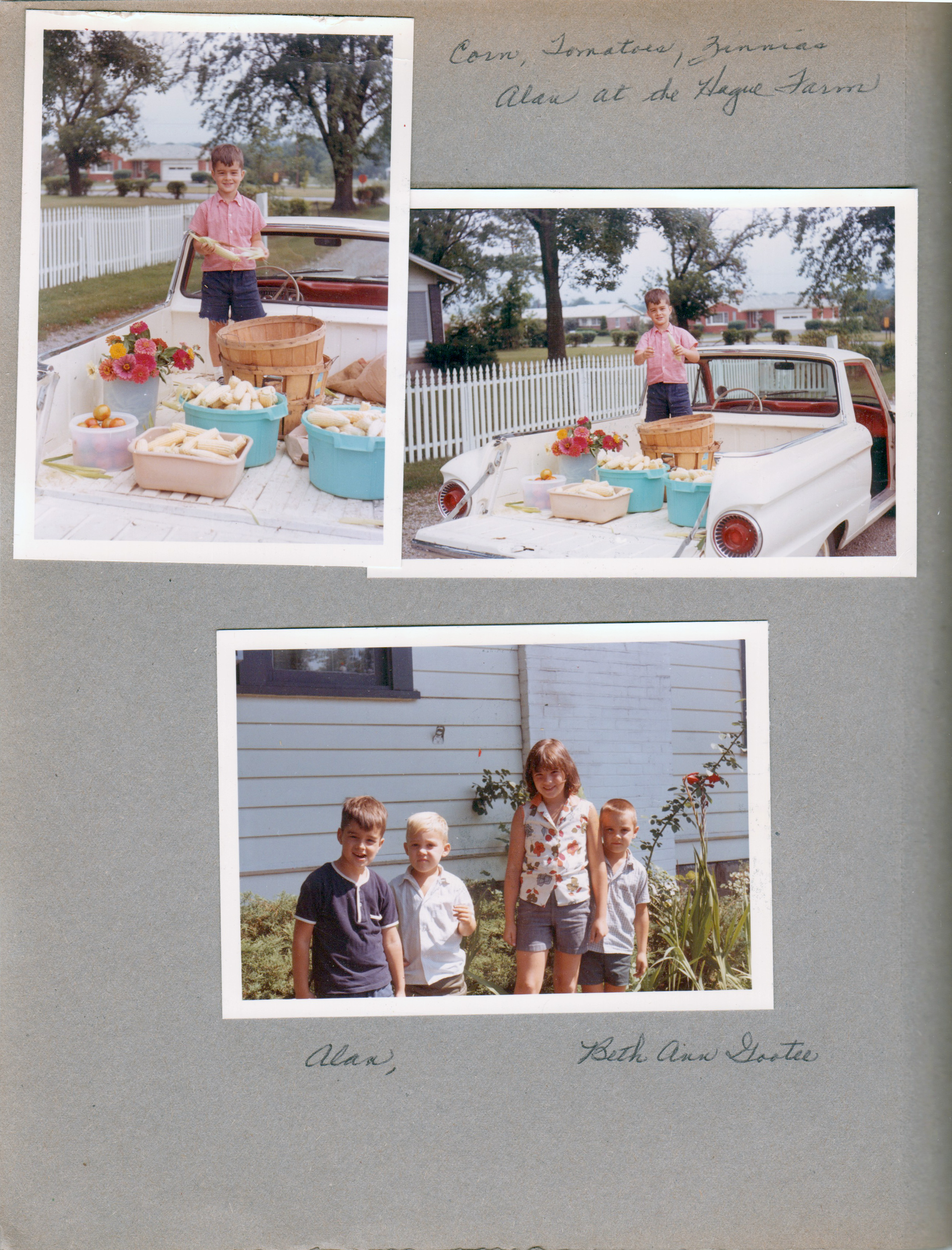 8815 Haverstick - Alan with flowers and vegetables in white pickup truck. 6122 on driveway - Alan, maybe Joe and John Panyard? and Beth Ann Gootee.