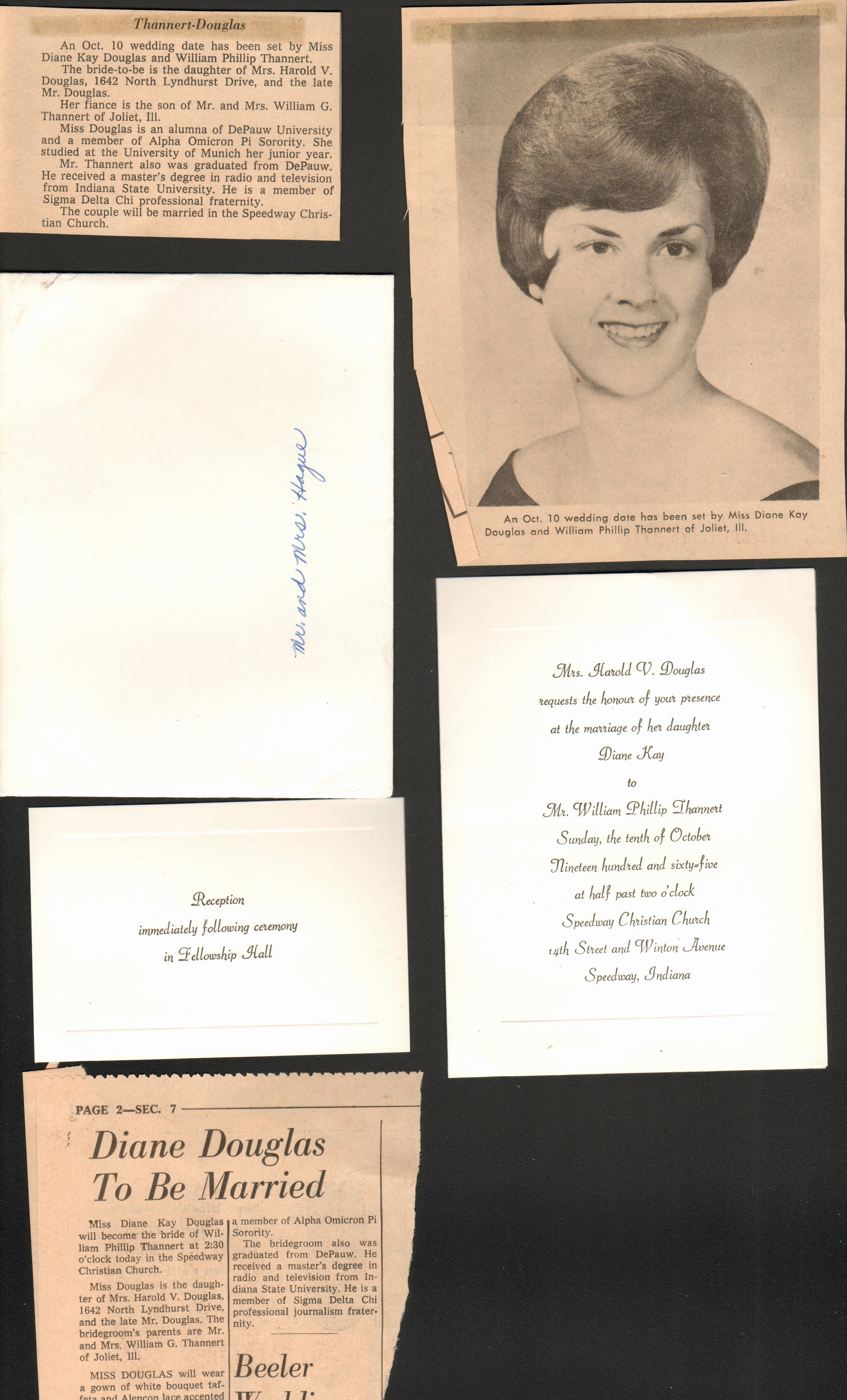 loose items - newspaper clippings - Dianne Douglas to be married. Wedding invite.