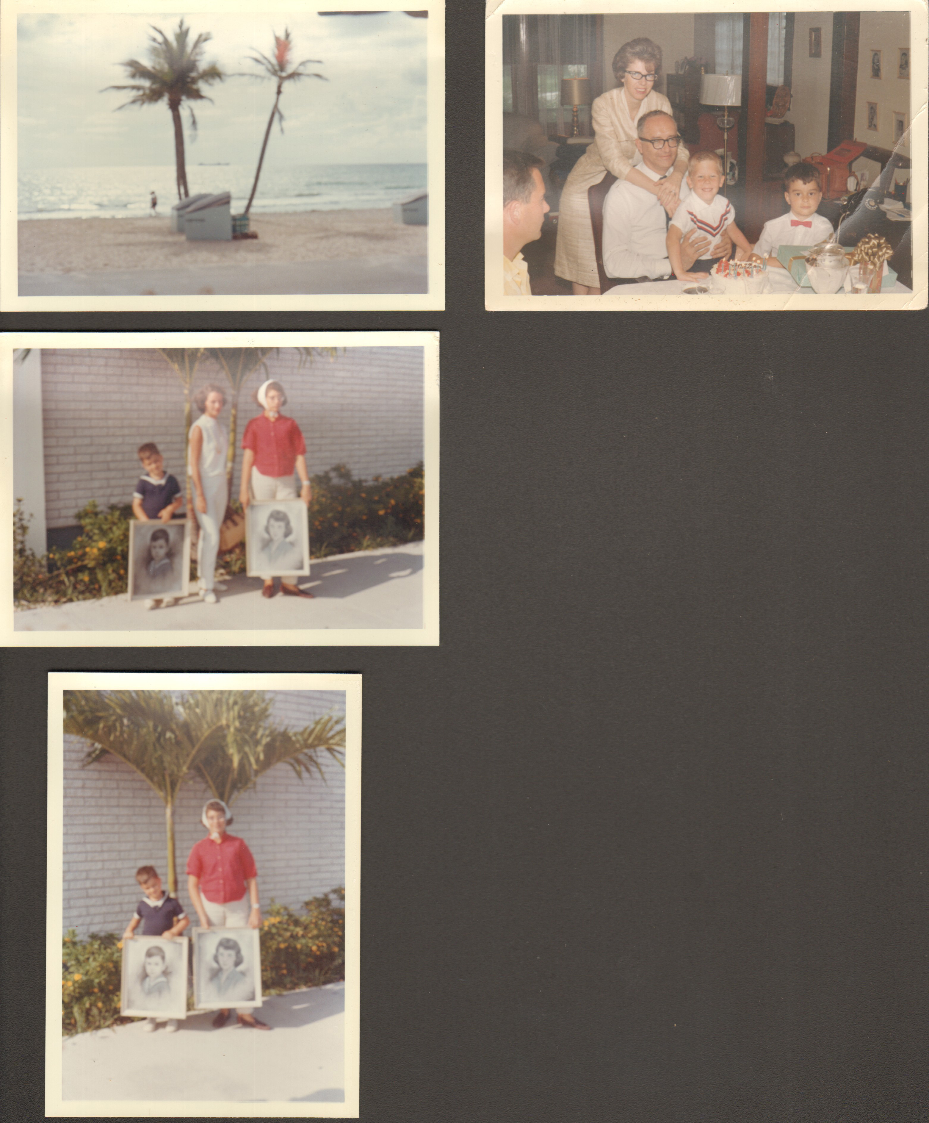 loose photos - Hollywood beach. 3845 Capitol - Dave, Sara, Warren, Ronnie, Alan. Alan Rose and Susan with charcoal sketches.