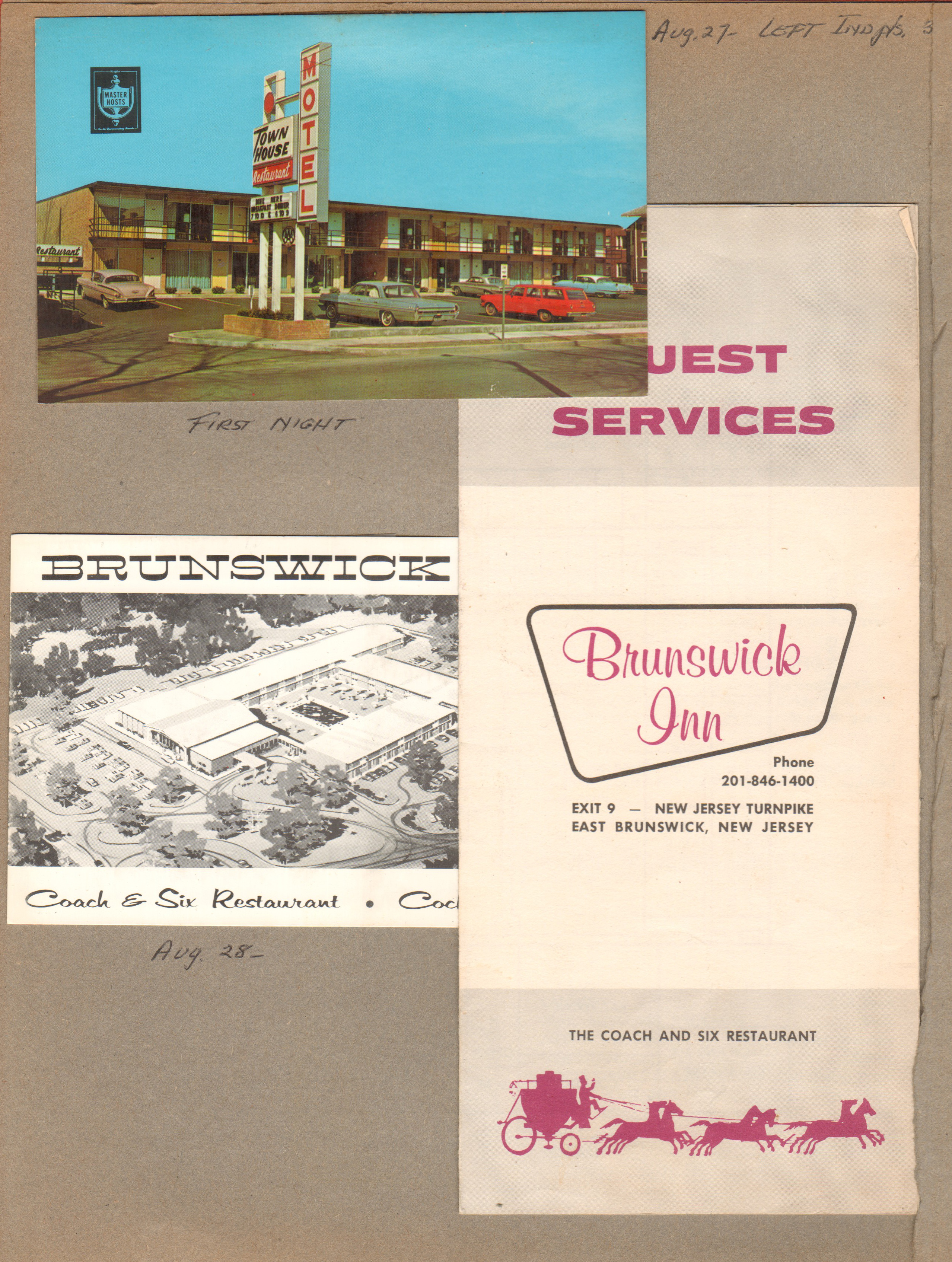 postcard 73331-B - Town House Motel - Zanesville, OH. postcard - Brunswick Inn, East Brunswick, NJ. and brochure with map.