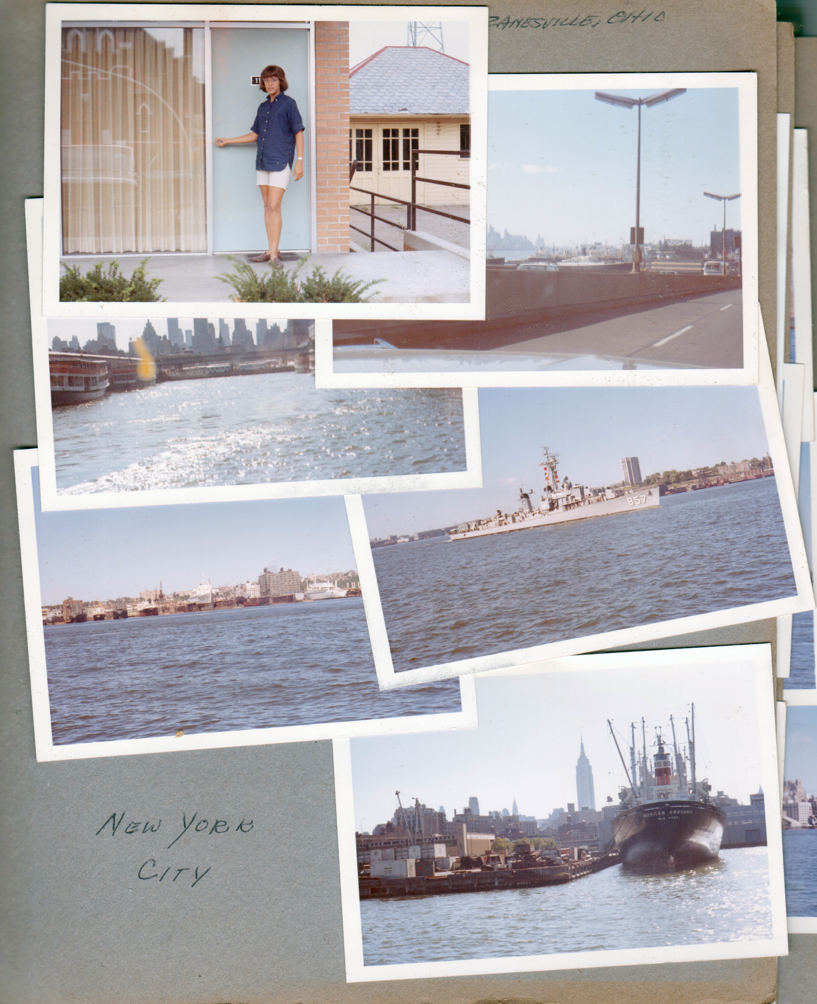 New York World's Fair trip - Susan at motel door at Zanesville, OH. NYC skyline from bridge. Ship in harbor.