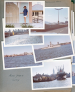 New York World's Fair trip - Susan at motel door at Zanesville, OH. NYC skyline from bridge. Ship in harbor.