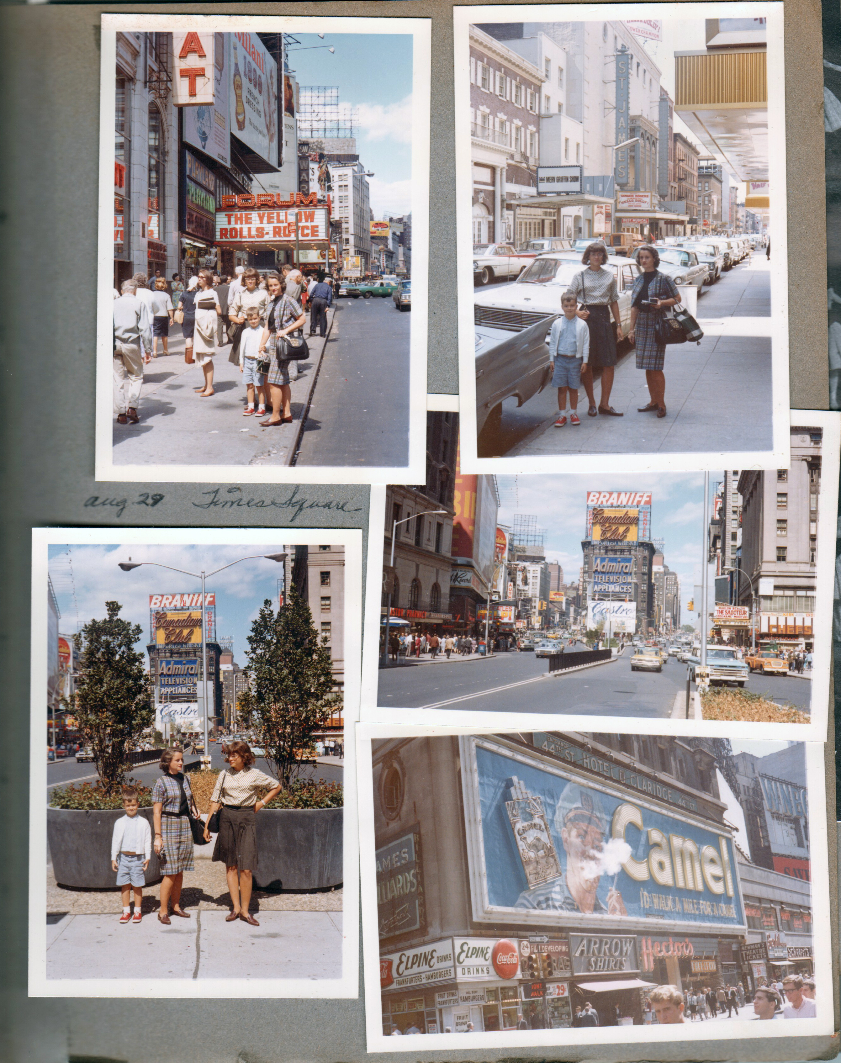 New York World's Fair trip - Manhattan - Times Square. Susan, Alan and Rosemary at Forum Theater marquee The Yellow Rolls Royce. Marquee - The Merv Griffin Show, St James Theater Hello Dolly. camel cigarettes billboard blowing smoke rings.