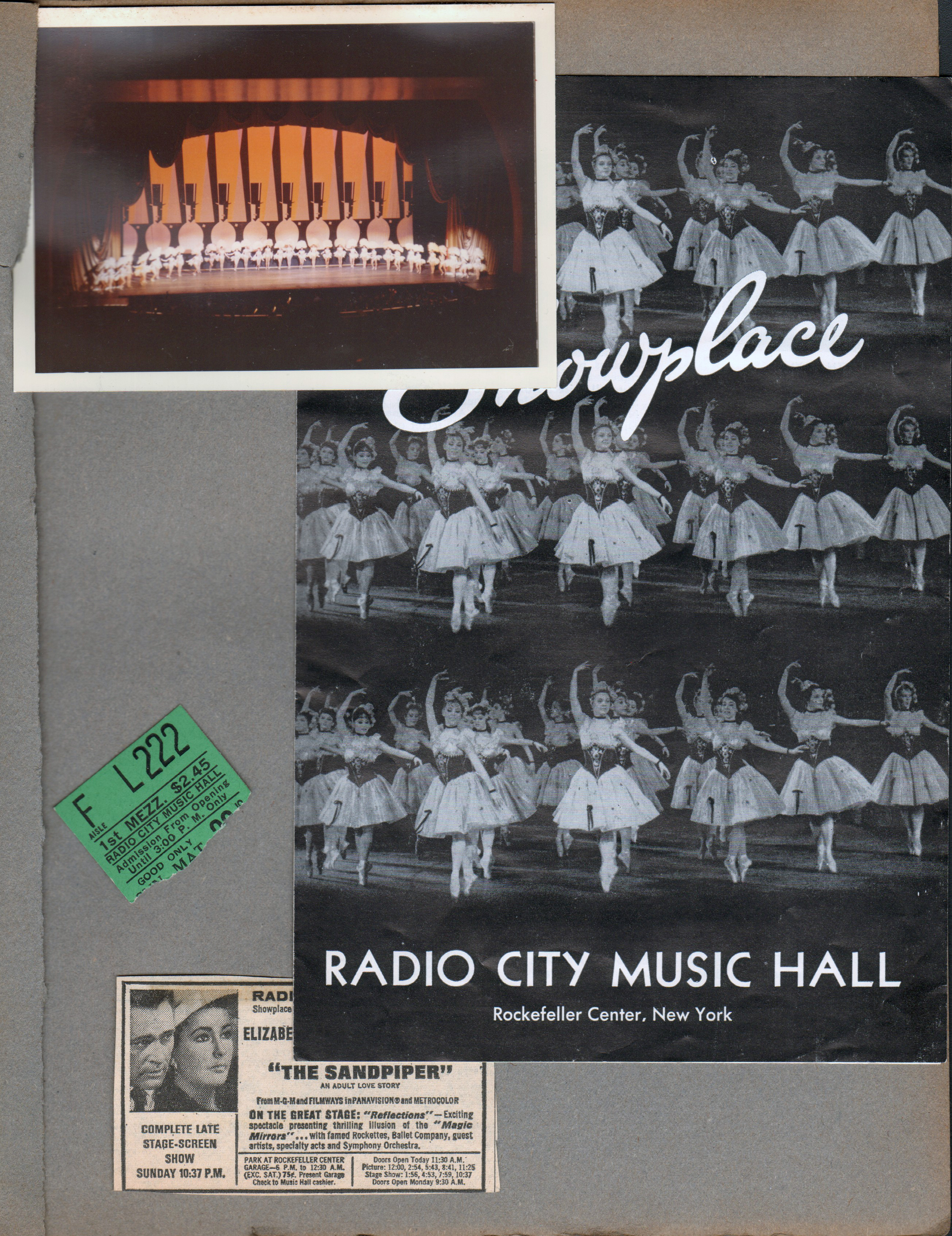 New York World's Fair trip - The Rockettes show at Radio City Music Hall, ticket stub and program. Newspaper clipping for The Sandpiper movie.