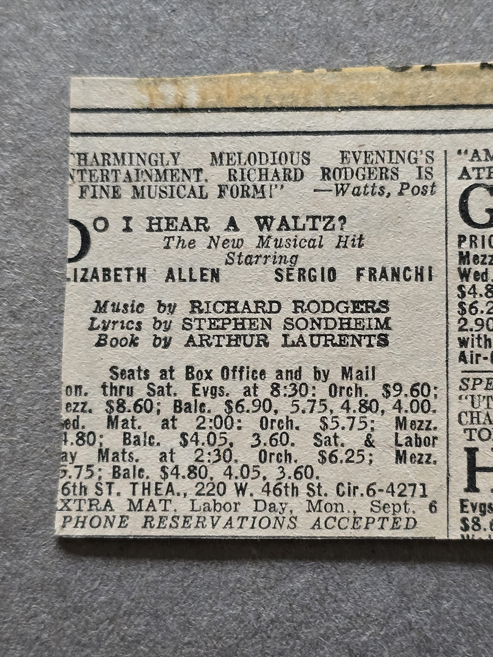 New York World's Fair trip - back of Sandpiper clipping has Stephen Sondheim musical 