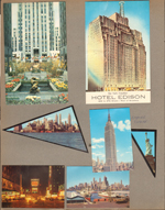 New York World's Fair trip - Postcard K57 - Rockefeller Center fountain. Postcard 19150 - Hotel Edison. tiny NYC postcards.