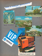 New York World's Fair trip - Horn & Hardart Restaurant straw wrapper. Tiny World's Fair postcards - General Motors, Astro Fountain, General Electric. V.I.P Chrysler tag. Postcard 10-64-50 P61941 - Sheraton-Tenney Inn - La Guardia