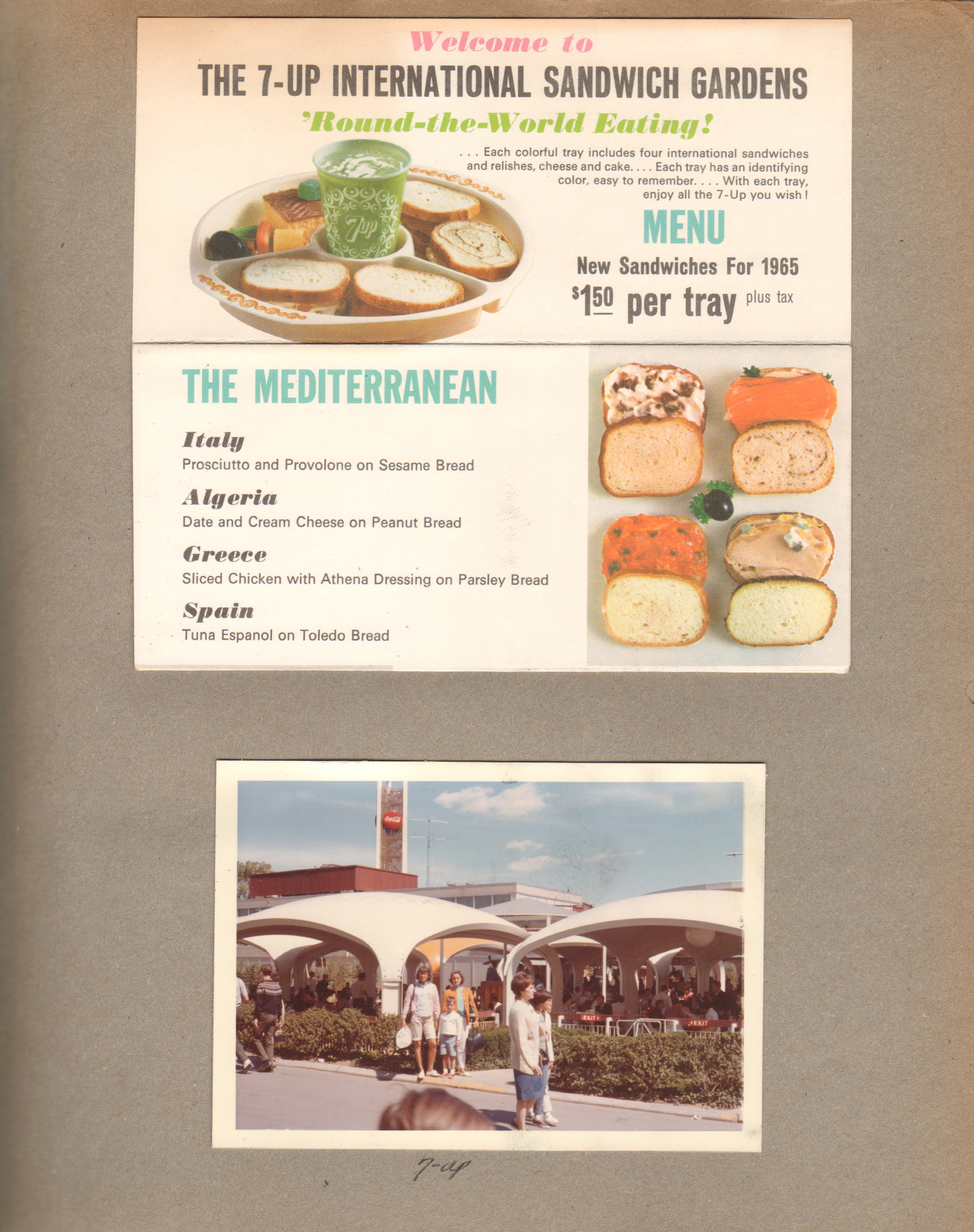 New York World's Fair trip - 7-Up International Sandwich Gardens menu - Susan, Alan and Rosemary at the gardens.