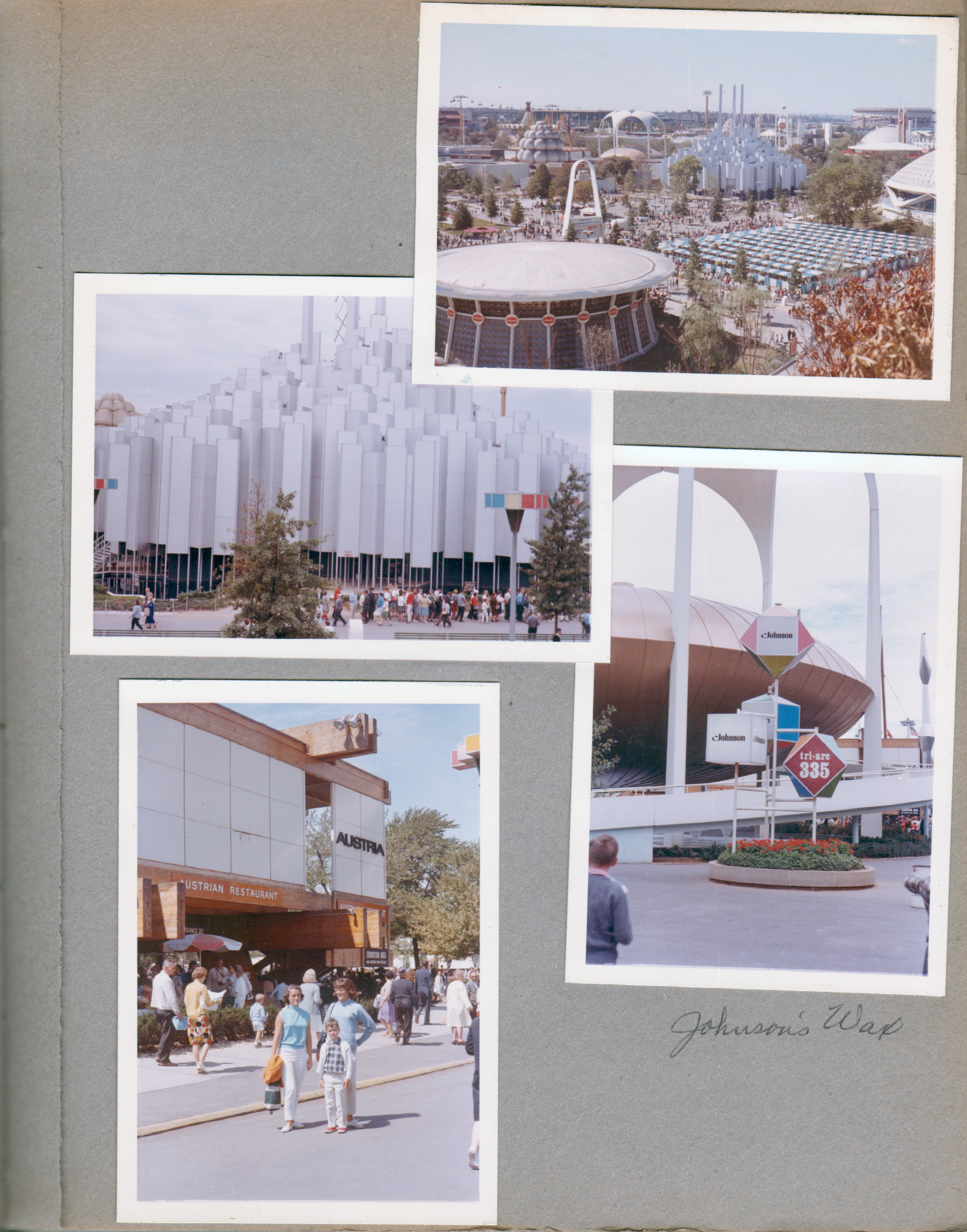 New York World's Fair trip - Blue and White awning is the queue for GE. Tower of Light. Johnson Wax pavilion. Austria - Rosemary. Alan, Susan.