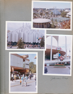 New York World's Fair trip - Blue and White awning is the queue for GE. Tower of Light. Johnson Wax pavilion. Austria - Rosemary. Alan, Susan.
