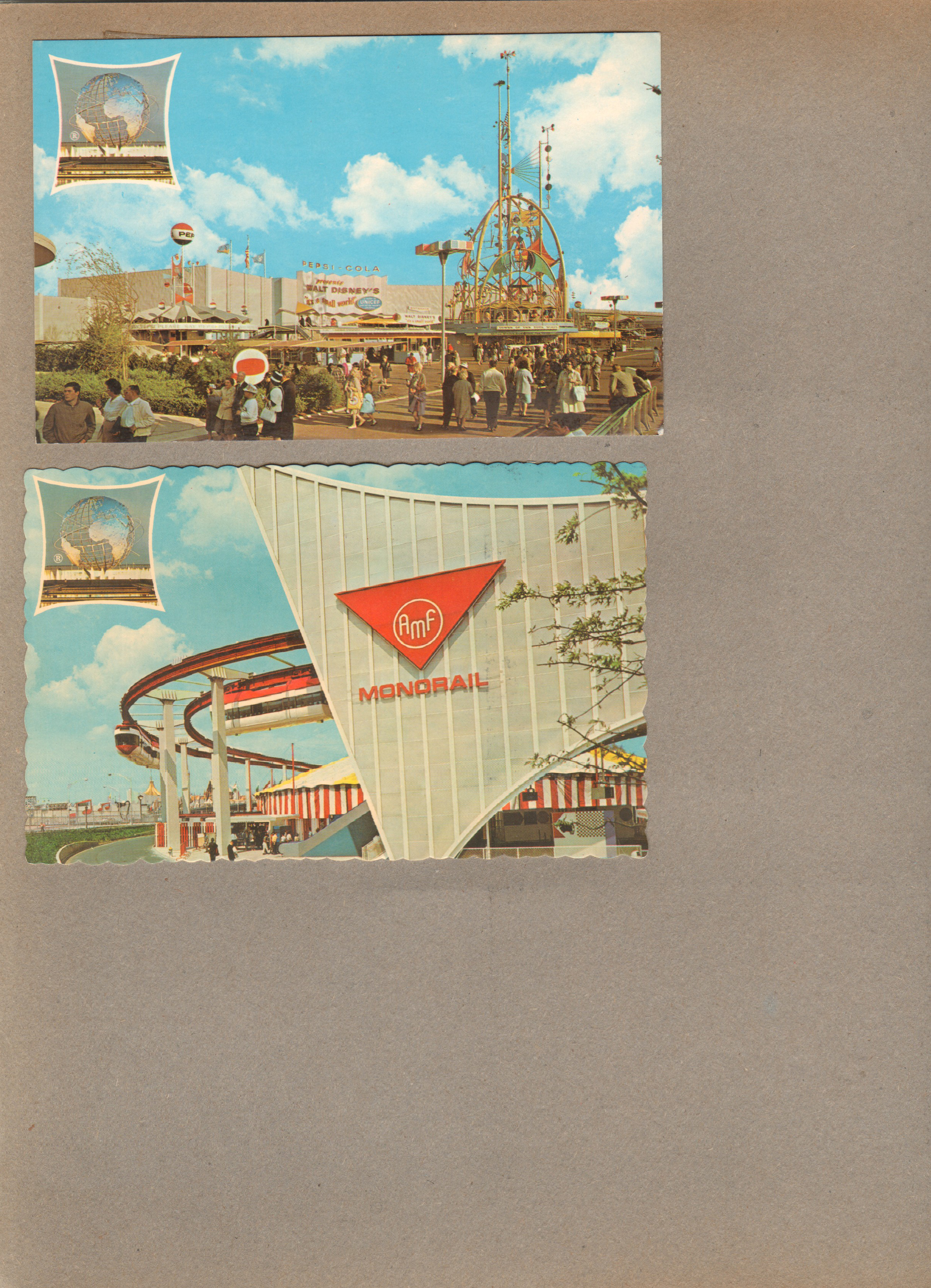 New York World's Fair trip - Postcard DT-86861-B WF-53 - Pepsi-Cola Walt Disney It's A Small World. Postcard DT-87419-B W-76  - AMF Monorail.