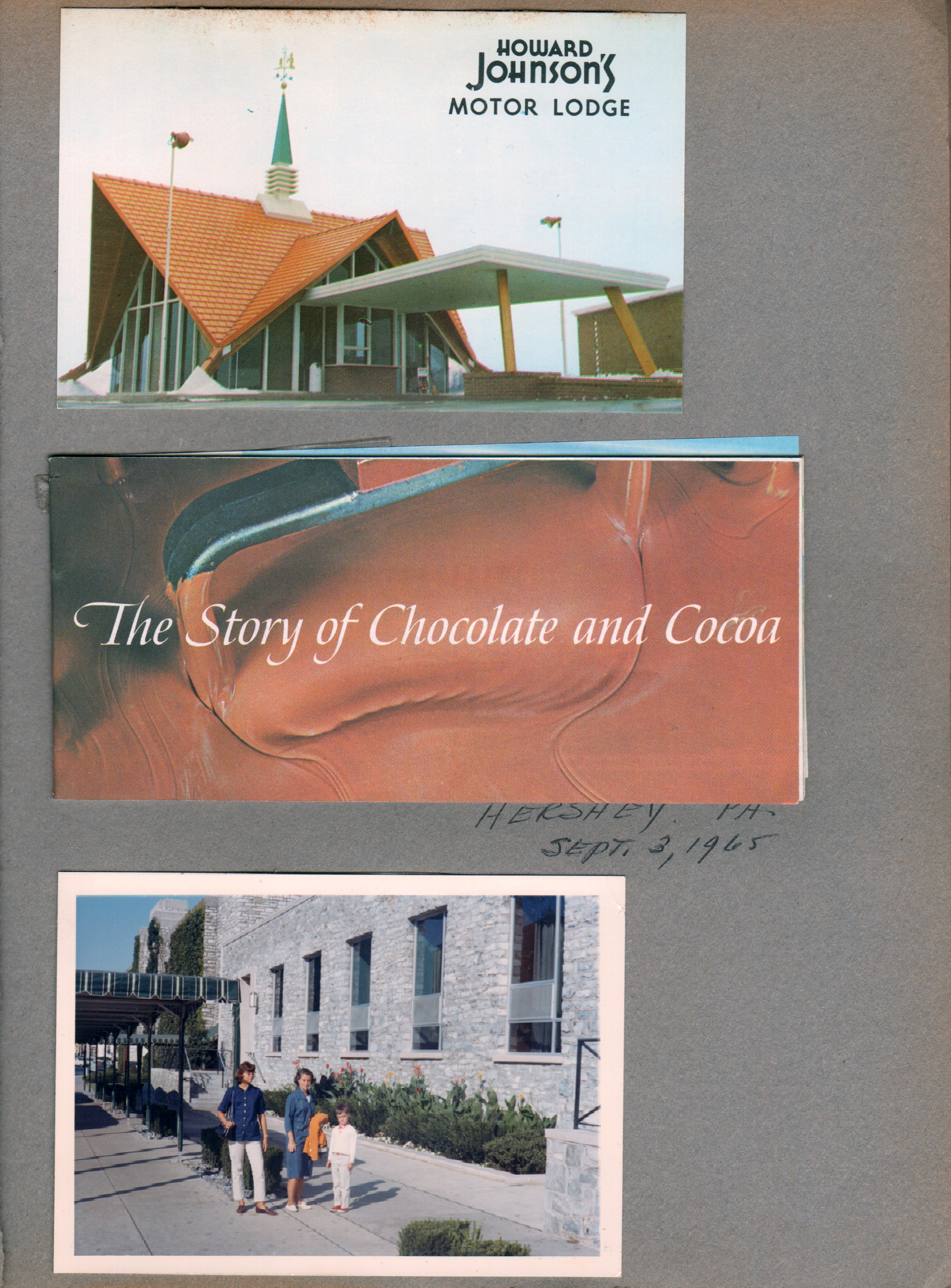 New York World's Fair trip - Postcard C-32963 - Howard Johnson's - York, PA The Story of Chocolate and Cocoa pamphlet. Susan, Rosemary and Alan at Hershey.