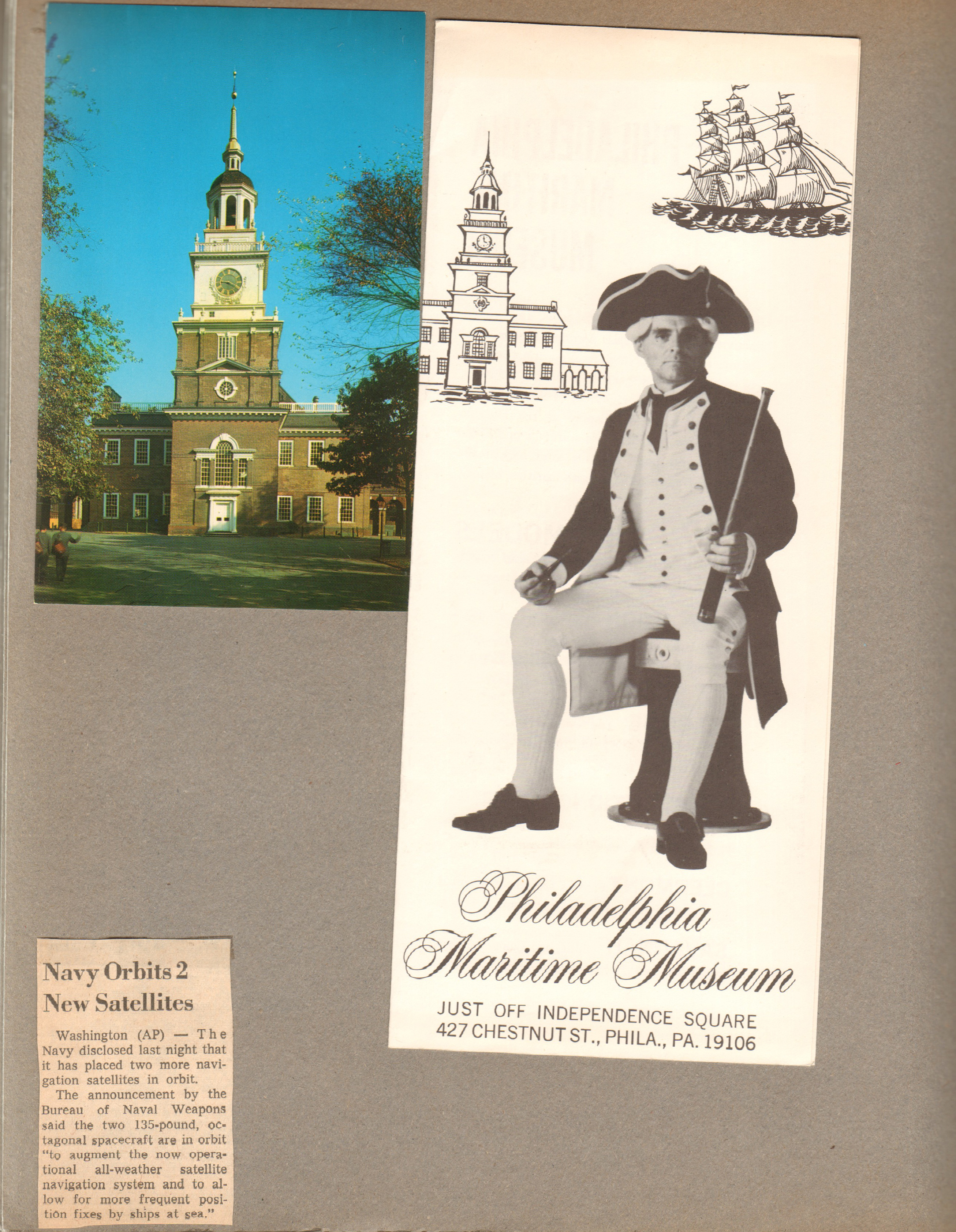 New York World's Fair trip - Postcard 3761 - Independence Hall. Philadelphia Maritime Museum brochure. Newspaper clipping - Navy orbits navigation satellites.