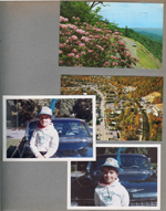 Postcard GS-325 69568 - Rhododendron Smoky Mountains from Girstle and Helen. Postcard P39833 - Copter view of Gatlinburg, from Girstle and Helen. Alan outside with Cadillac wearing New York World's Fair hat and School 80 Willard Wildcats sweatshirt.