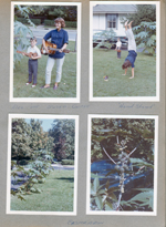 6122 yard -  Alan with ukulele next to castor beans, Susan with guitar. Handstand - Cadillac. Castor bean pods.
