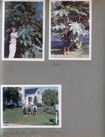 6122 yard - Rosemary with castor beans, Alan. Marcia Rowley, Susan and Charlotte Wilson in front of a house in Girls Scout uniforms - Mrs McKee's scout meeting.