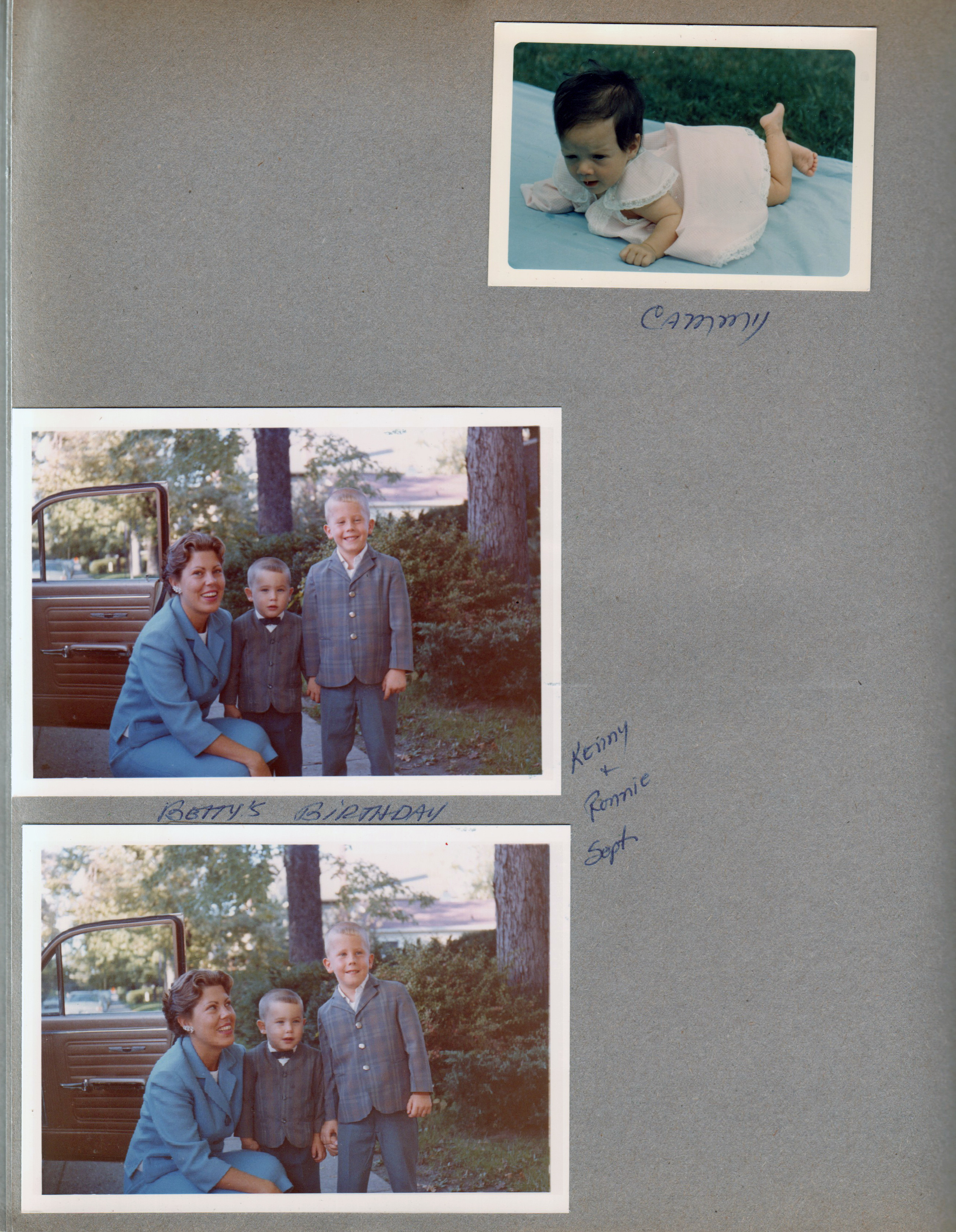 baby Cammy. Betty's birthday - Betty, Kenny and Ronnie by car.