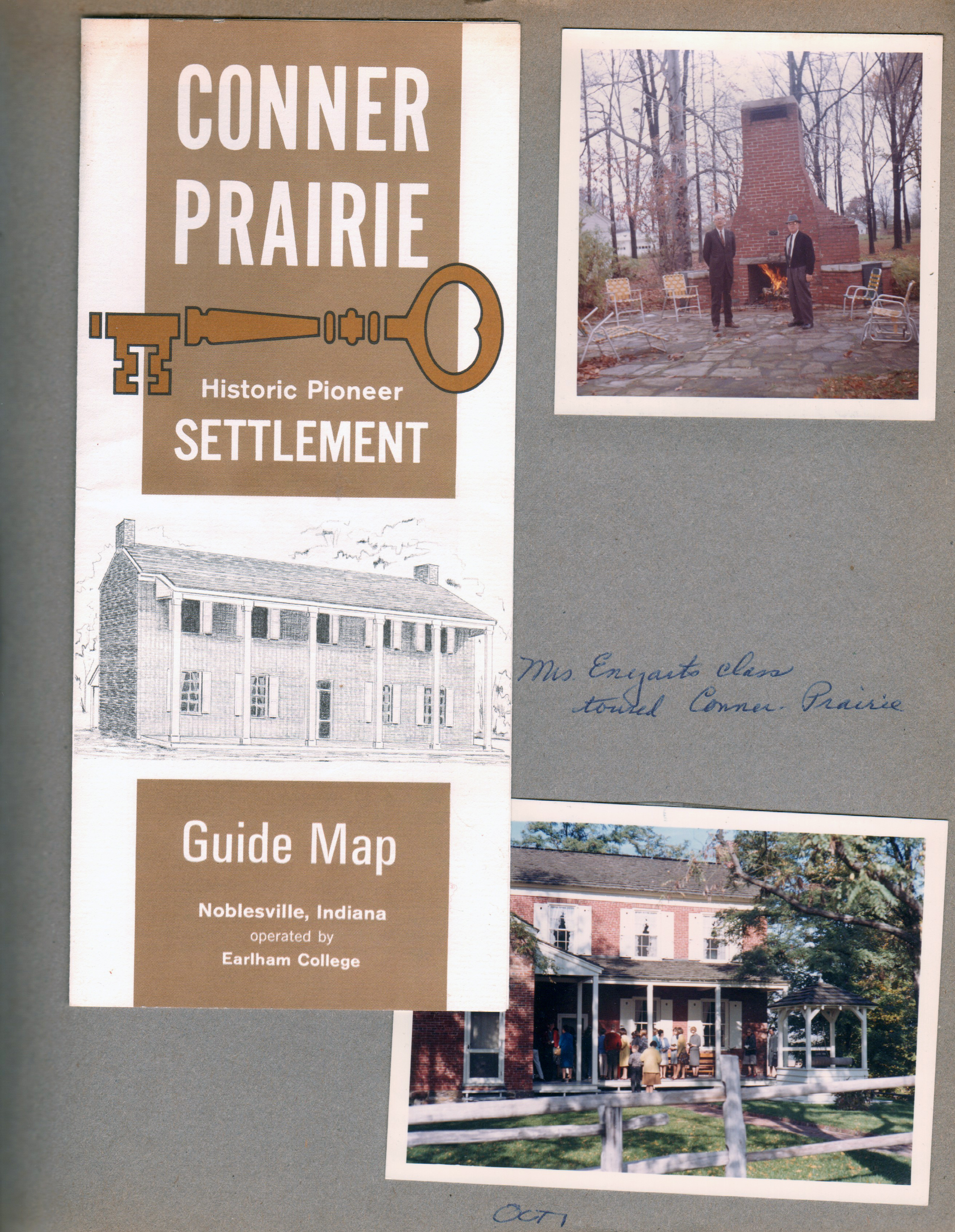 Conner Prairie guide map. Mrs Enyart's School 80 class trip. Patio and house.