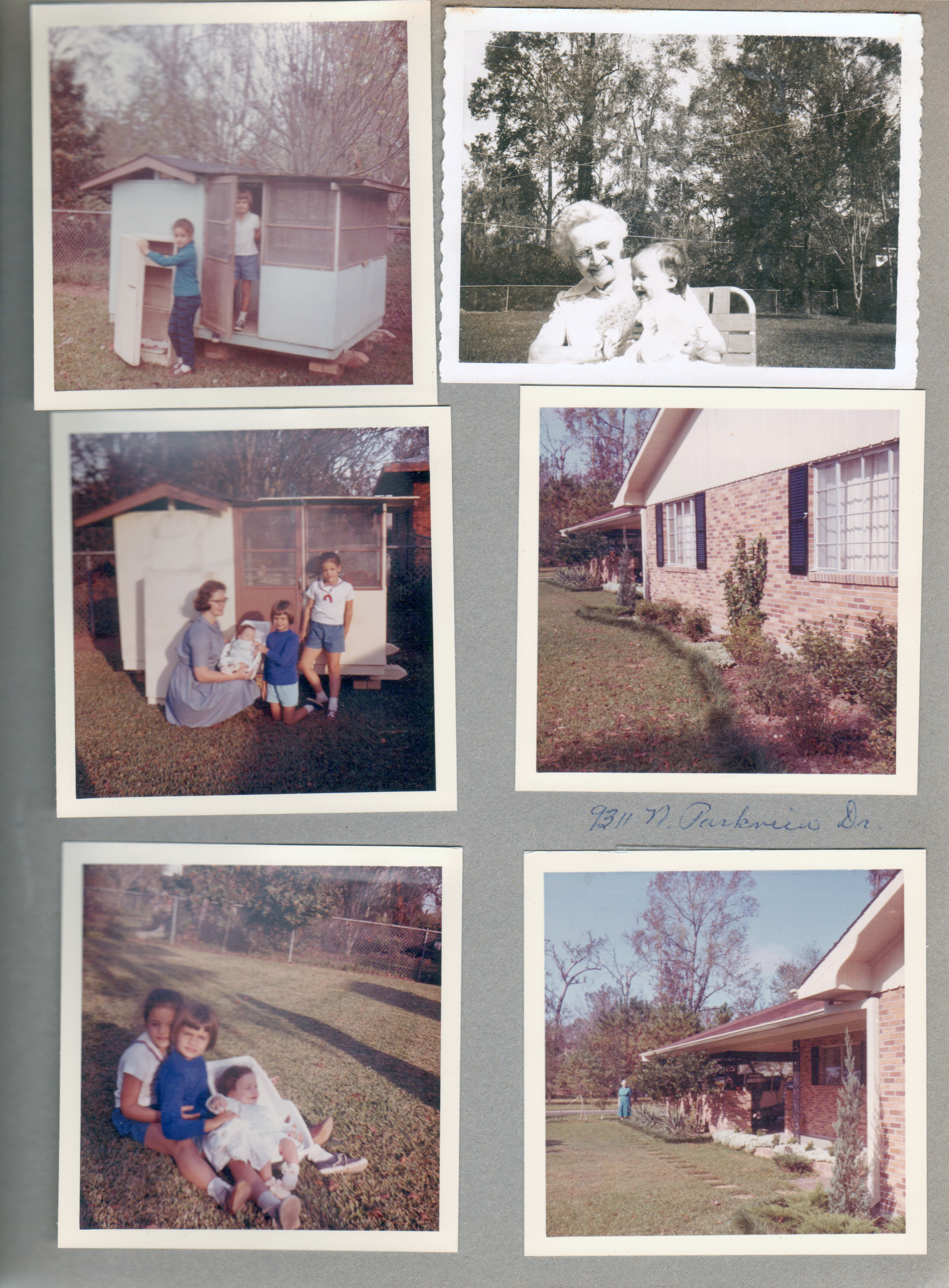 From Baton Rouge - Parkview house - Cindy and Carole in playhouse. Vonnie and baby Cammy. Helen.