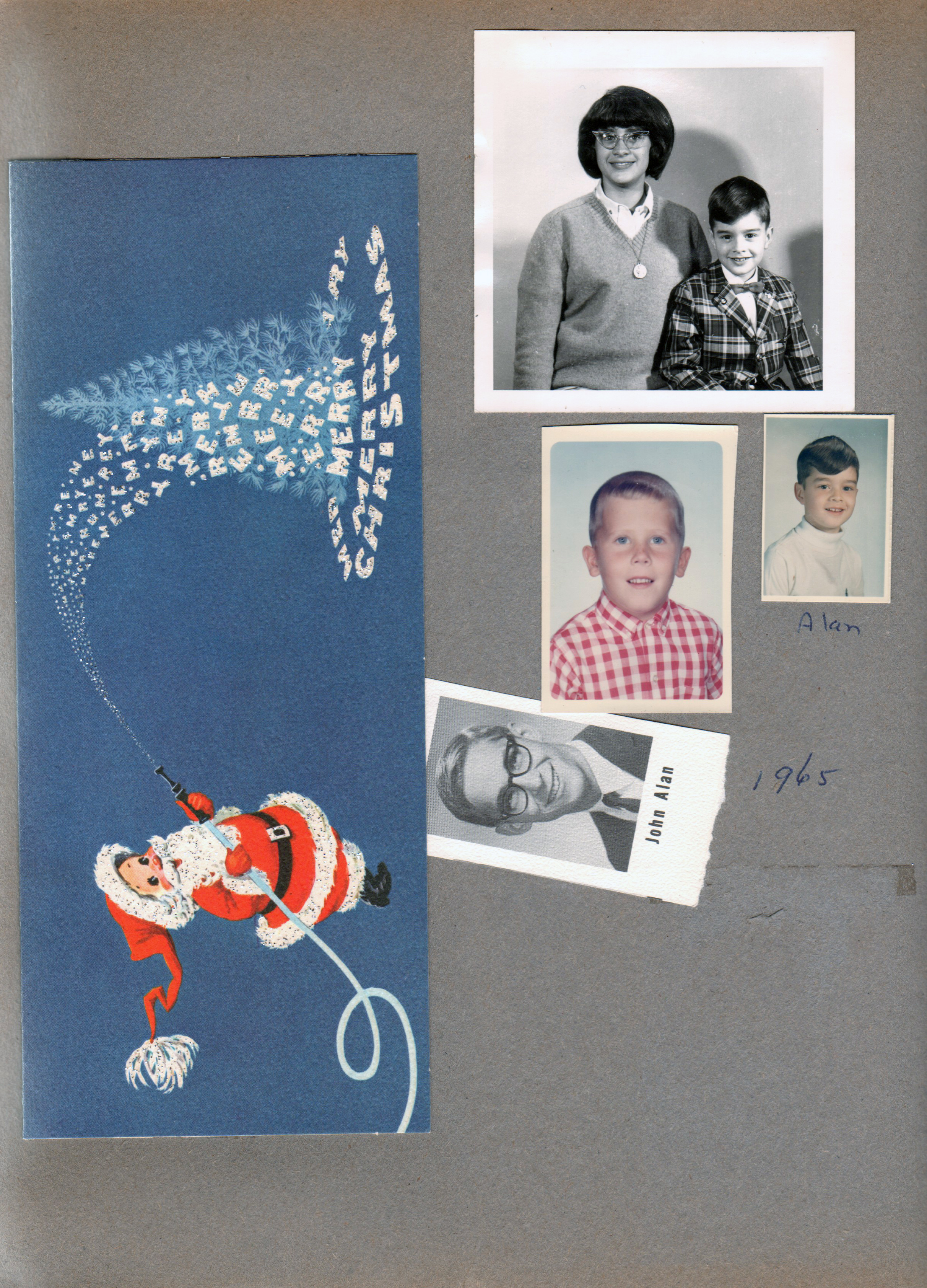 Christmas card - Santa with hose. Susan and Alan portrait. Ronnie. John Alan (no idea who this is).