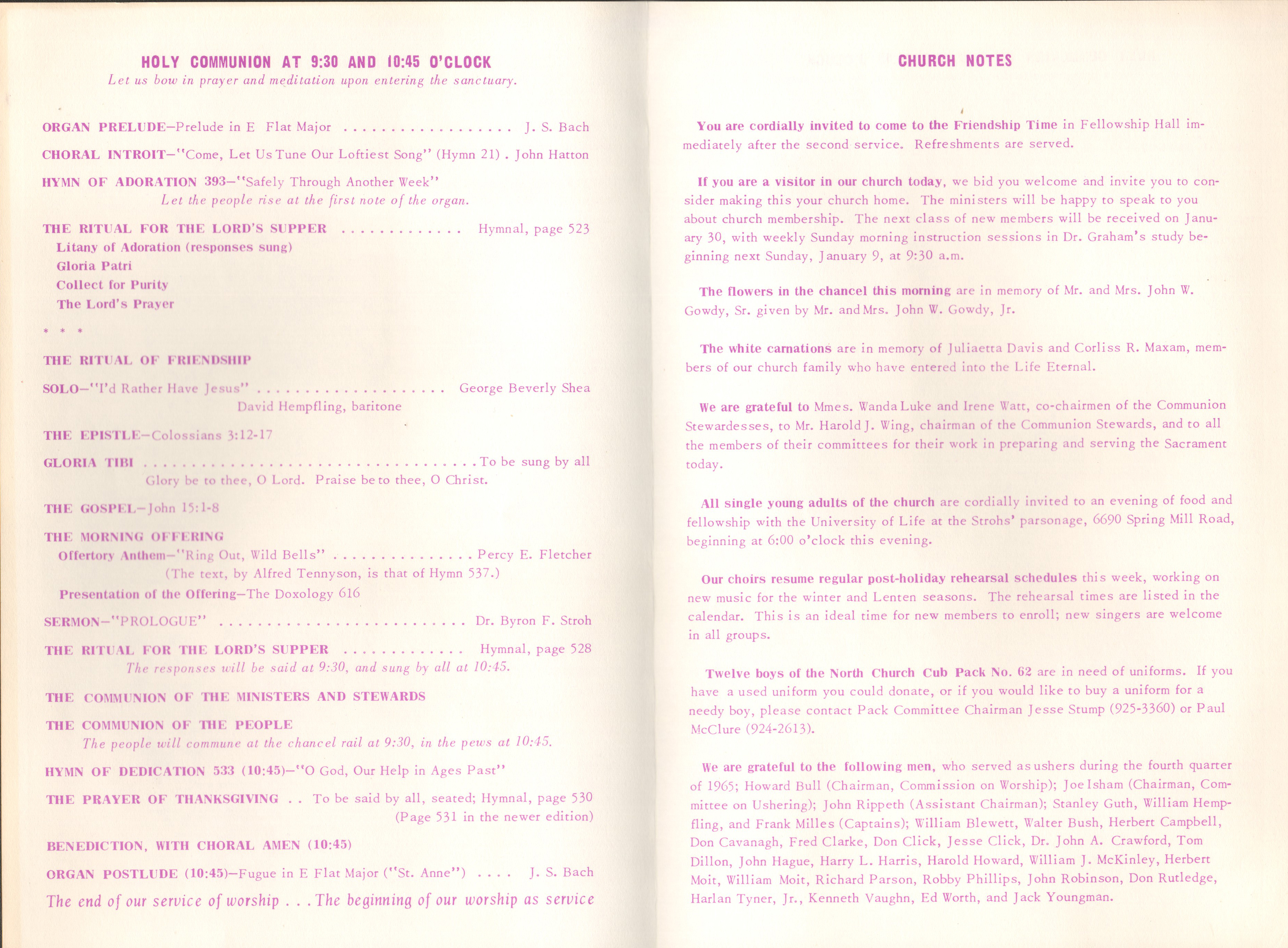 North United Methodist Church bulletin Jan 2 1966