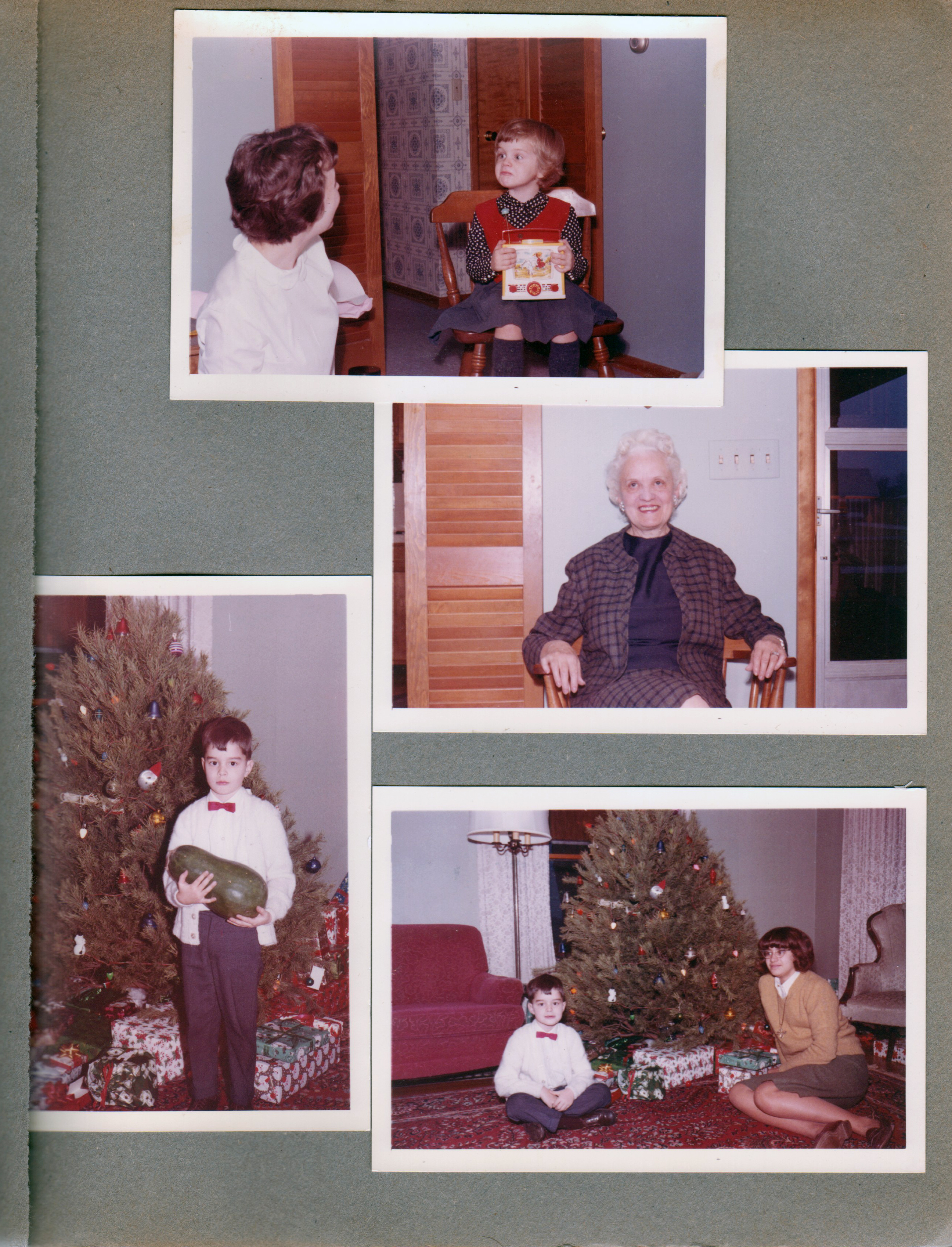 Pat and Mary. Helen Hague. Alan by Christmas tree with watermelon. Susan.