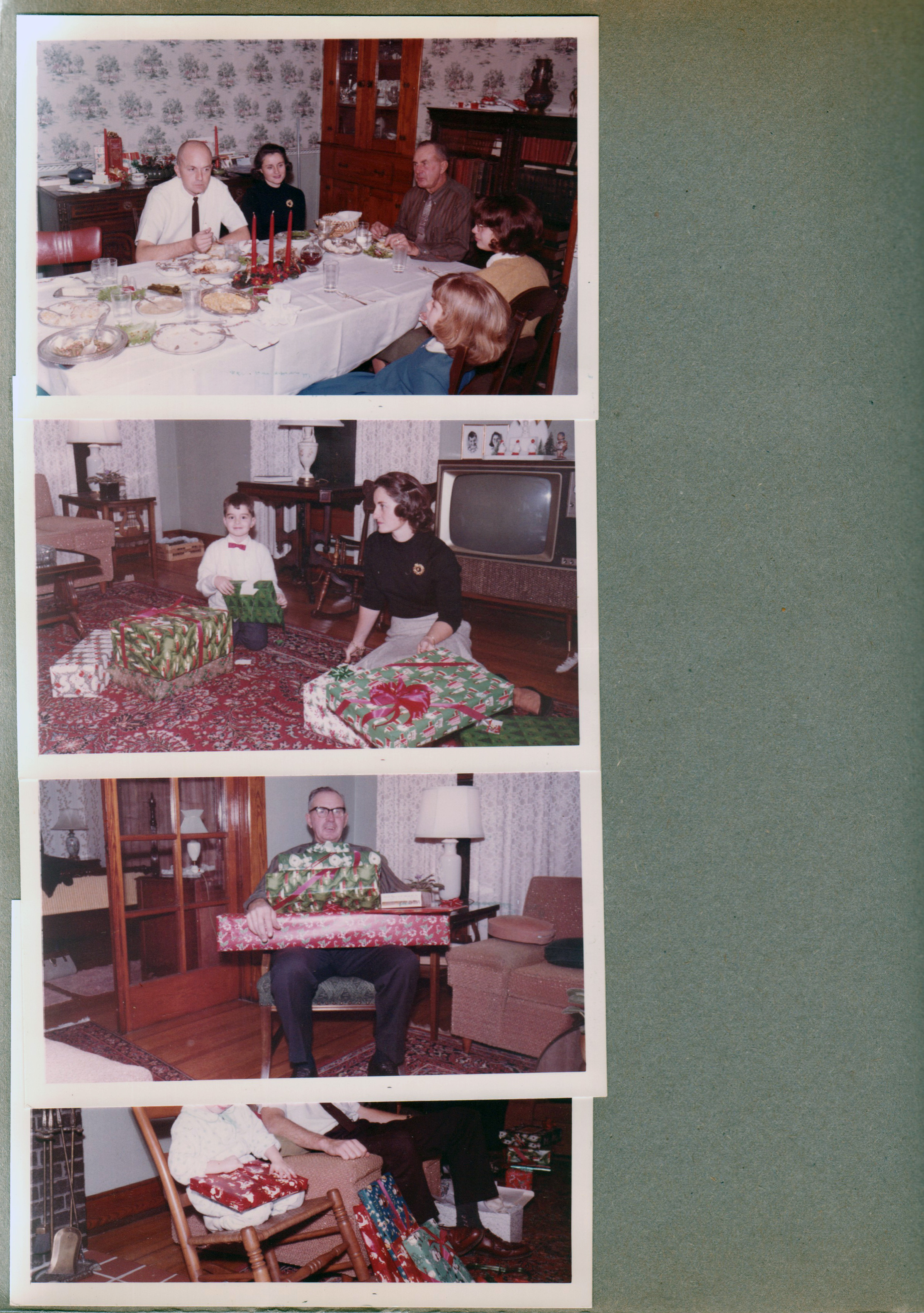 Christmas at 8815 Haverstick - dining room - Glen, Rosemary, Girstle, Susan, Karen. Living room - Alan and Rosemary. Girstle with gifts.