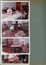 Christmas at 8815 Haverstick - dining room - Glen, Rosemary, Girstle, Susan, Karen. Living room - Alan and Rosemary. Girstle with gifts.