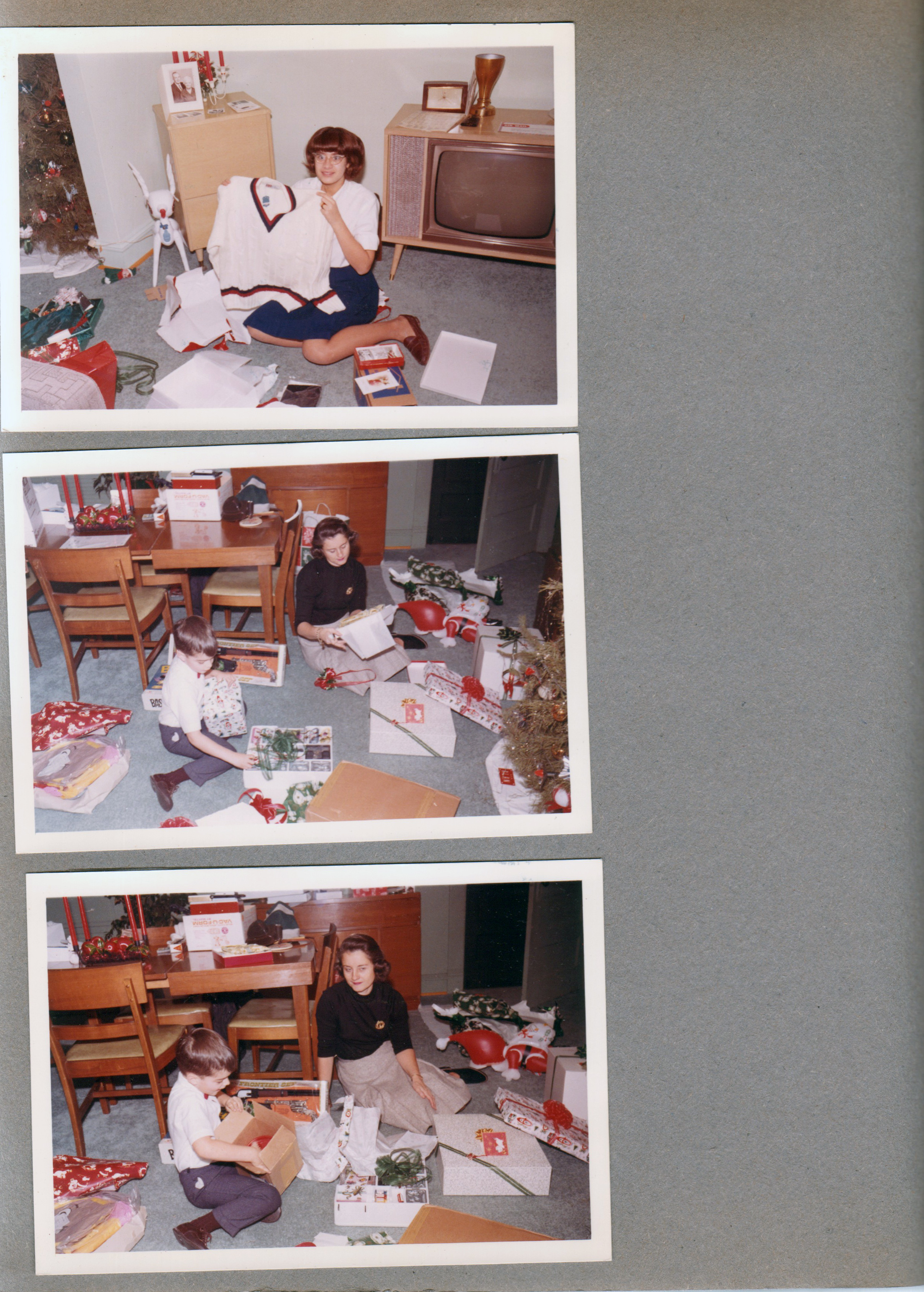 Christmas at 6122 - living room - Susan with new sweater. Dining room - Alan and Rosemary - Creepy Crawlers.