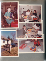 Christmas at 3845 Capitol -  with gift, dining room in back. 6122 living room - Alan in suit and bow tie making creepy Crawlers and Vac-U-Form with Susan and Rosemary. Crazy Clock game.