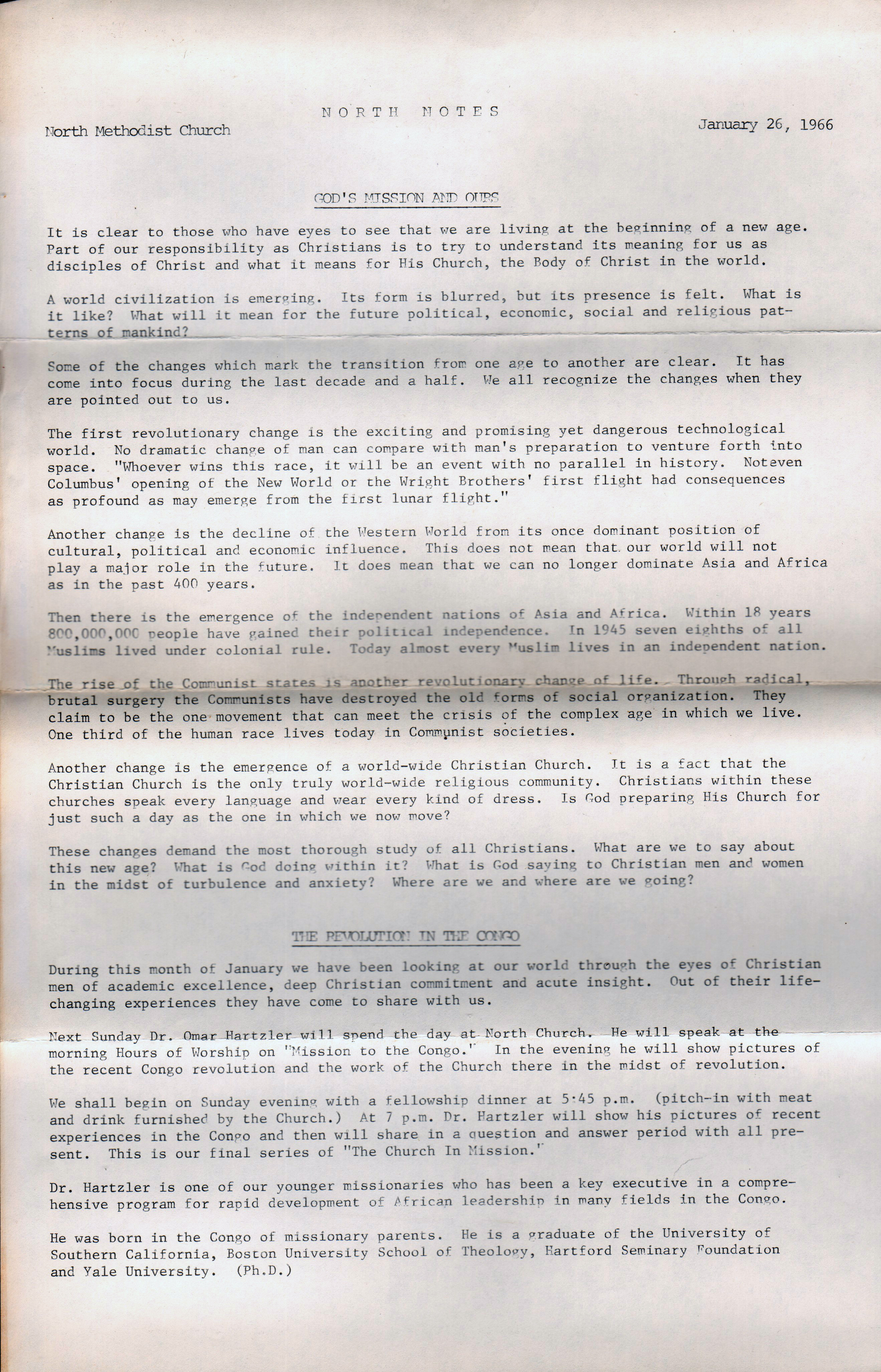 North United Methodist Church - North Notes Jan 26, 1966