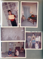 6122 - Alan at front door with Church bulletin living room. Frost on window. Eddie, Mary, Susan, Alan, Nancy and Karen. 6122 living room - Lynn Shute? and Alan playing Barbie game