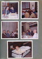 8815 Haverstick - Happy Birthday Pat and Rosemary. 3845 Capitol -   Warren, Susan, Sara, Vonnie. John, Rosemary, Alan and Curt on sofa. Baby Joe in crib.