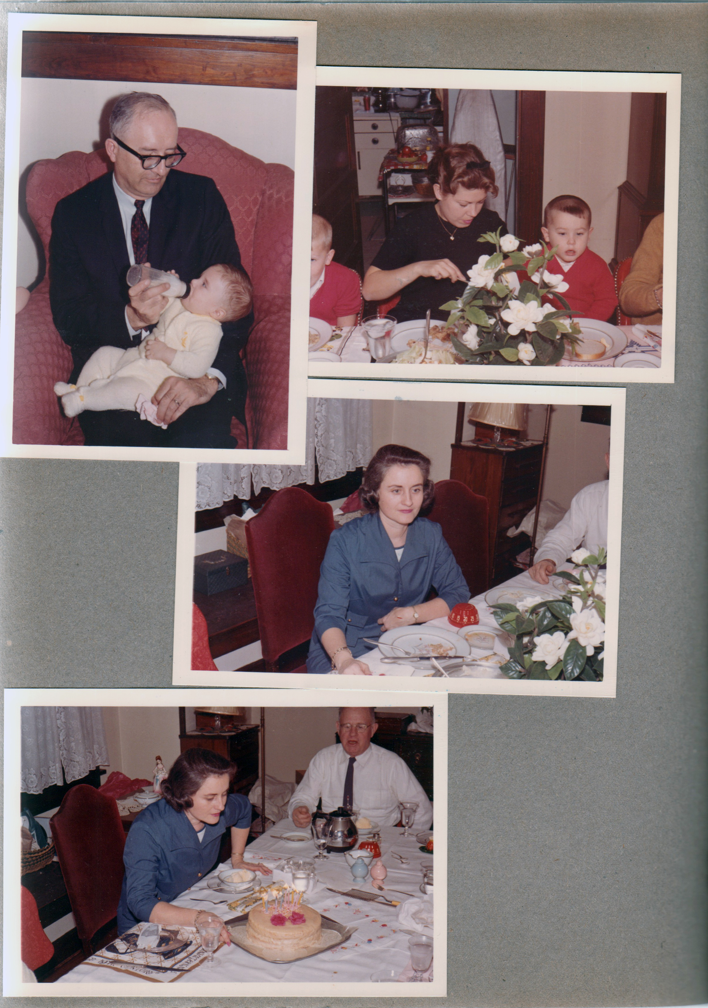 3845 Capitol -   Warren feeding baby Joe. Ronnie, Betty and Kenny. Rosemary at dinner table. Birthday cake - Rosemary and Curt.