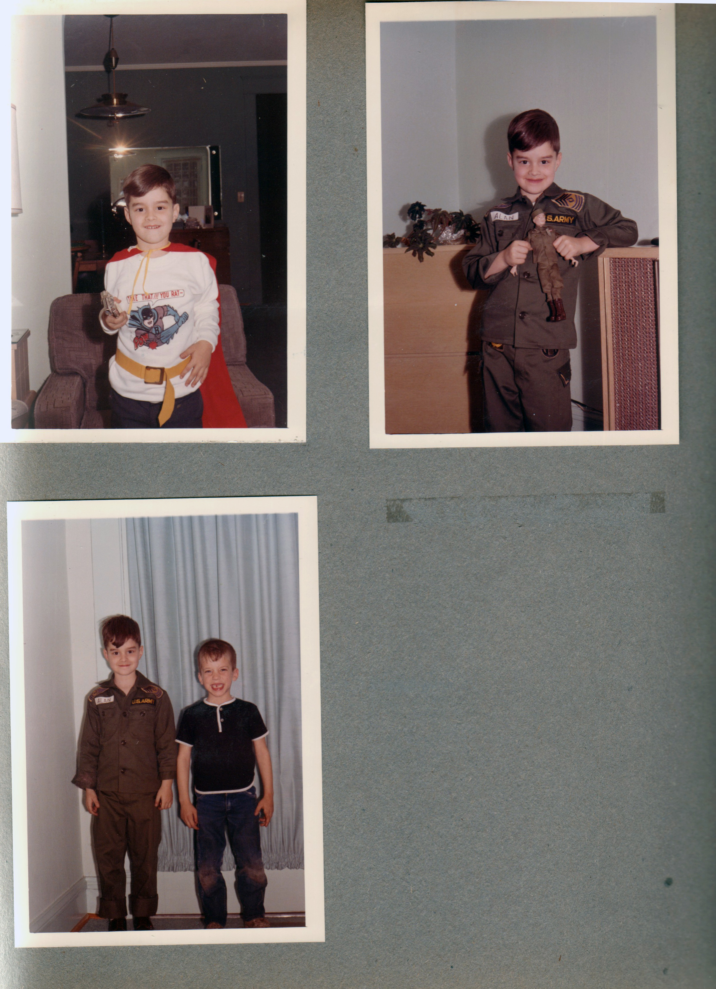 6122 - Alan in Superman cape, Batman sweatshirt and western cap gun. In GI Joe uniform with GI Joe doll. Alan and Chip Walker.