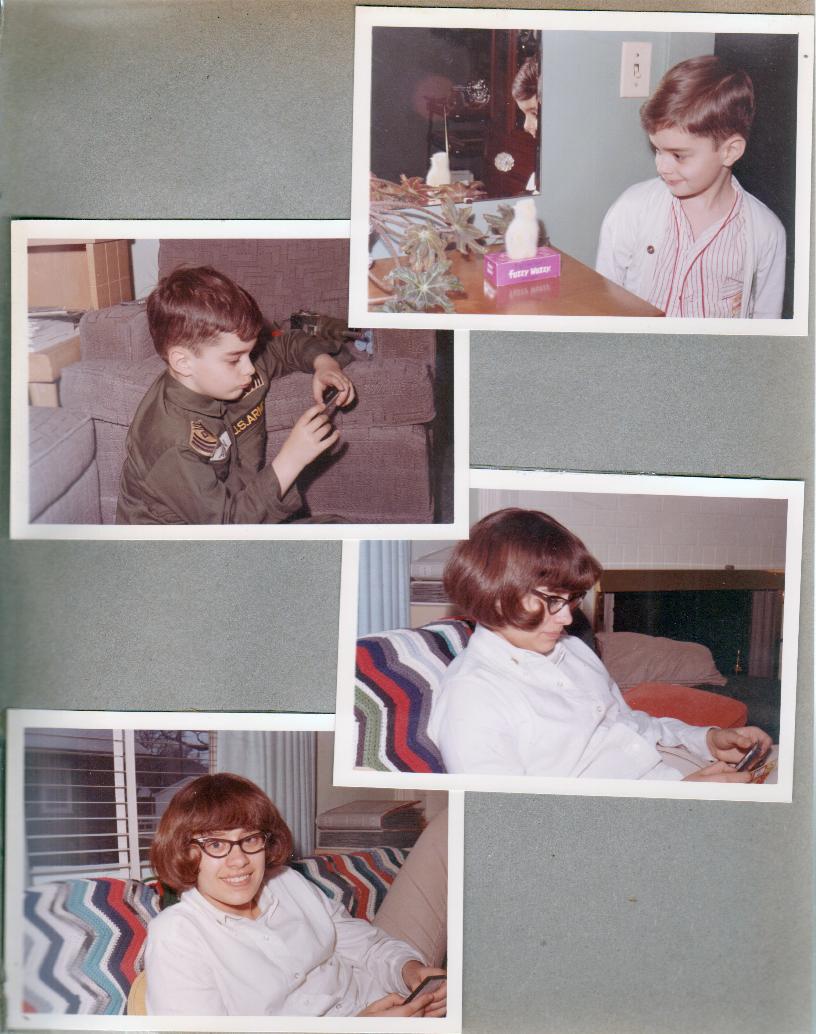 6122 - Alan in dining room with Fuzzy Wuzzy soap. With GI Joe. Susan on sofa playing with sliding numbers puzzle.